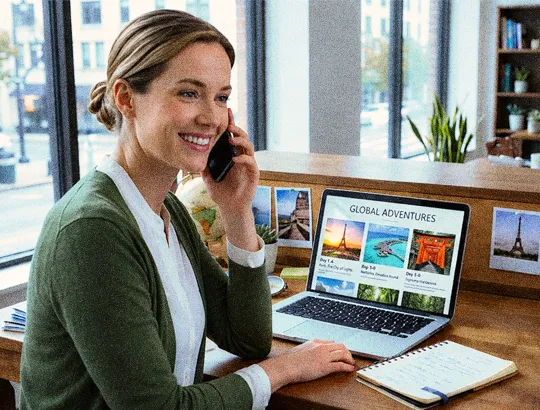 A woman behind a desk with a laptop smiling as she speaks on her mobile phone because her tour operator sales strategy is working for her business. 