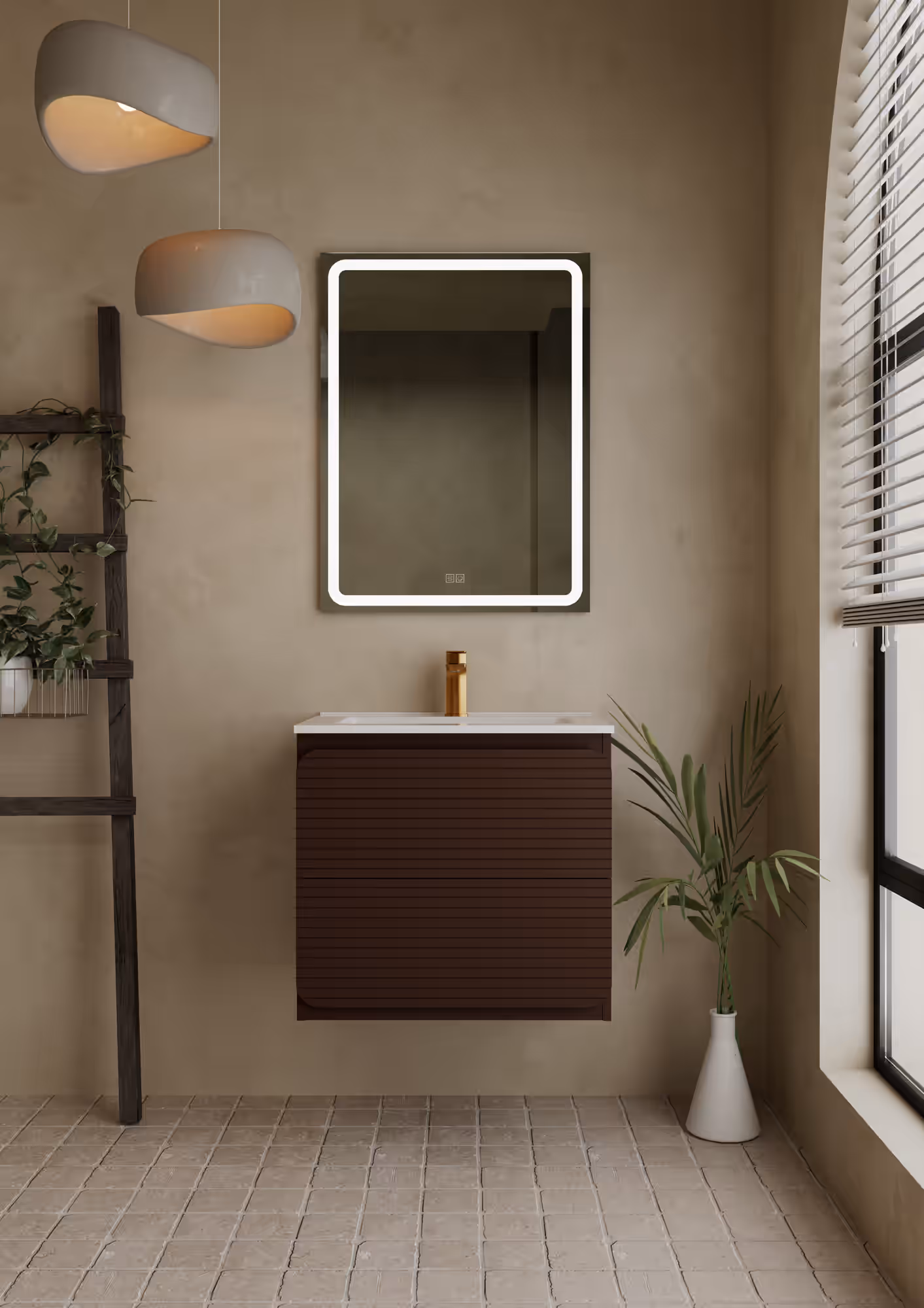 RÍAN 600MM WALL HUNG TWO-DRAWER UNIT & BASIN Chocolate brown