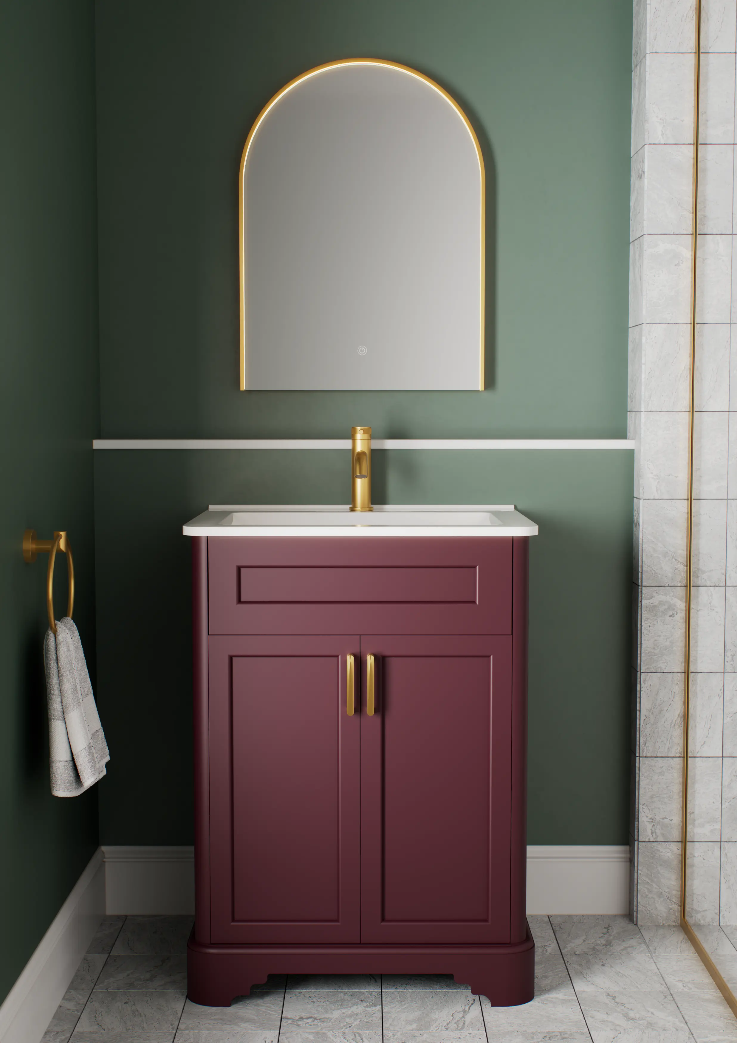 ARC ARCHED MIRROR 600 X 800 BRUSHED BRASS WITH LIGHT AND DEMISTER.