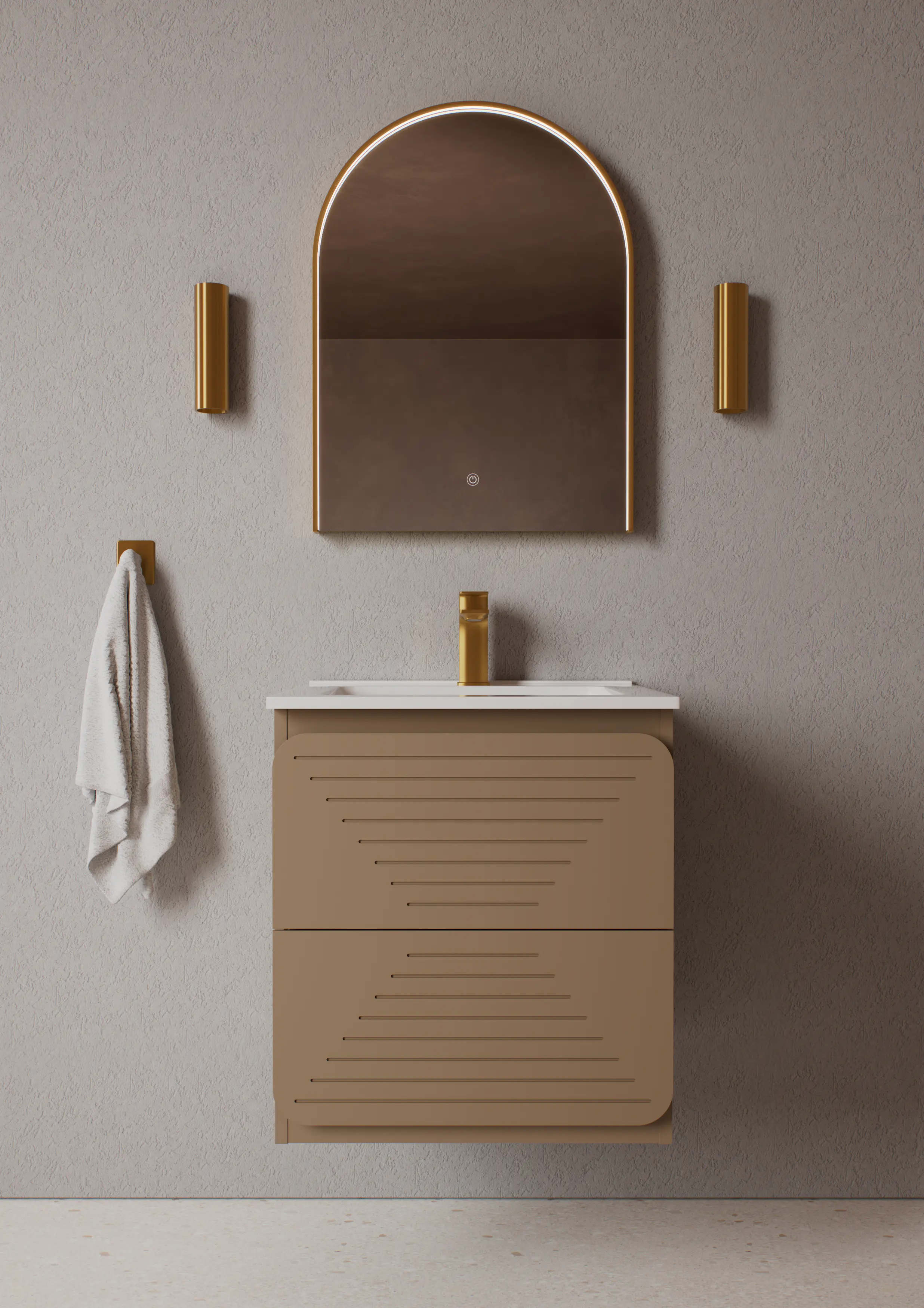 GLOR 600mm WALL HUNG UNIT MOCHA WITH WHITE BASIN.