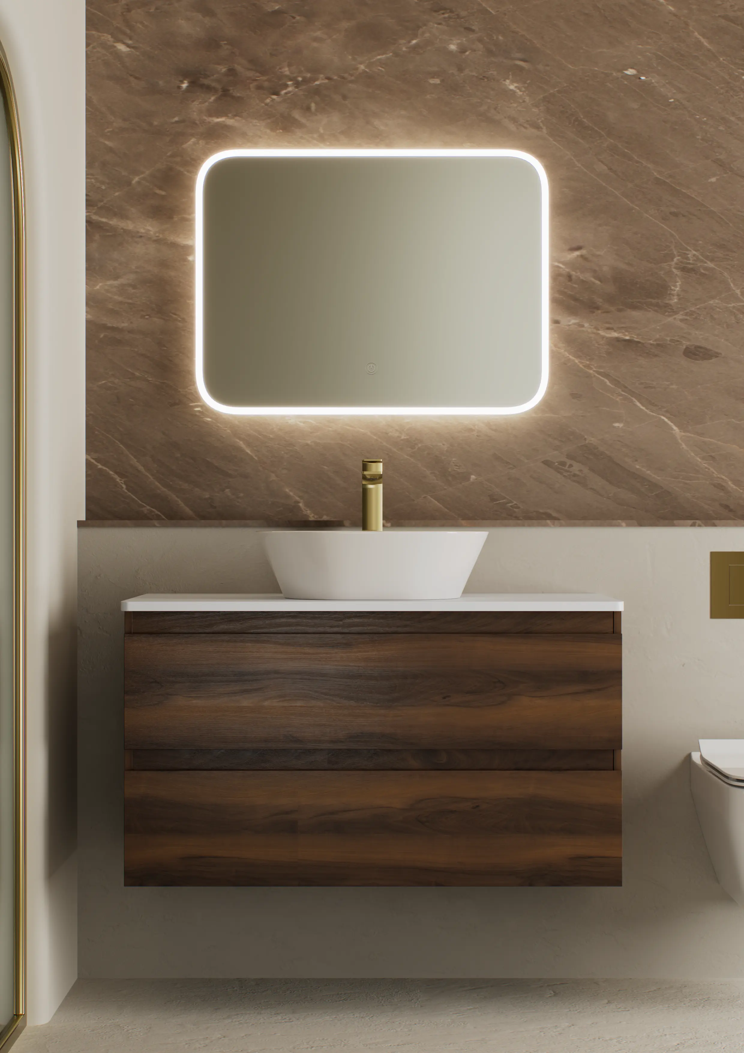 INCLINE WALL HUNG 2 DRAW 100CM WALNUT , SPLENDOR COUNTERTOP BASIN , MINERAL MARBLE 100CM COUNTERTOP