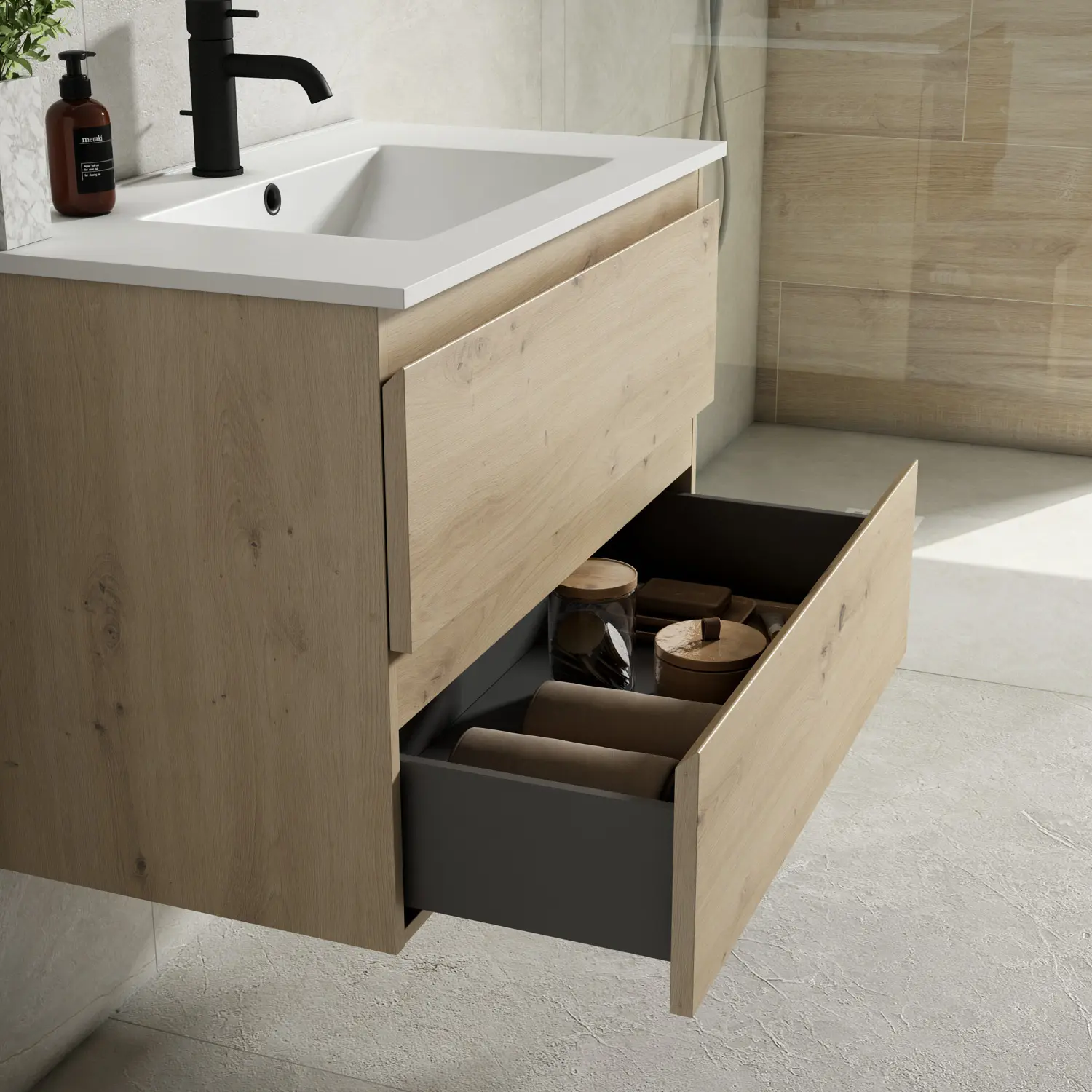 INCLINE WALL HUNG 2 DRAW 100cm OAK AND Ceramic WHITE BASIN.