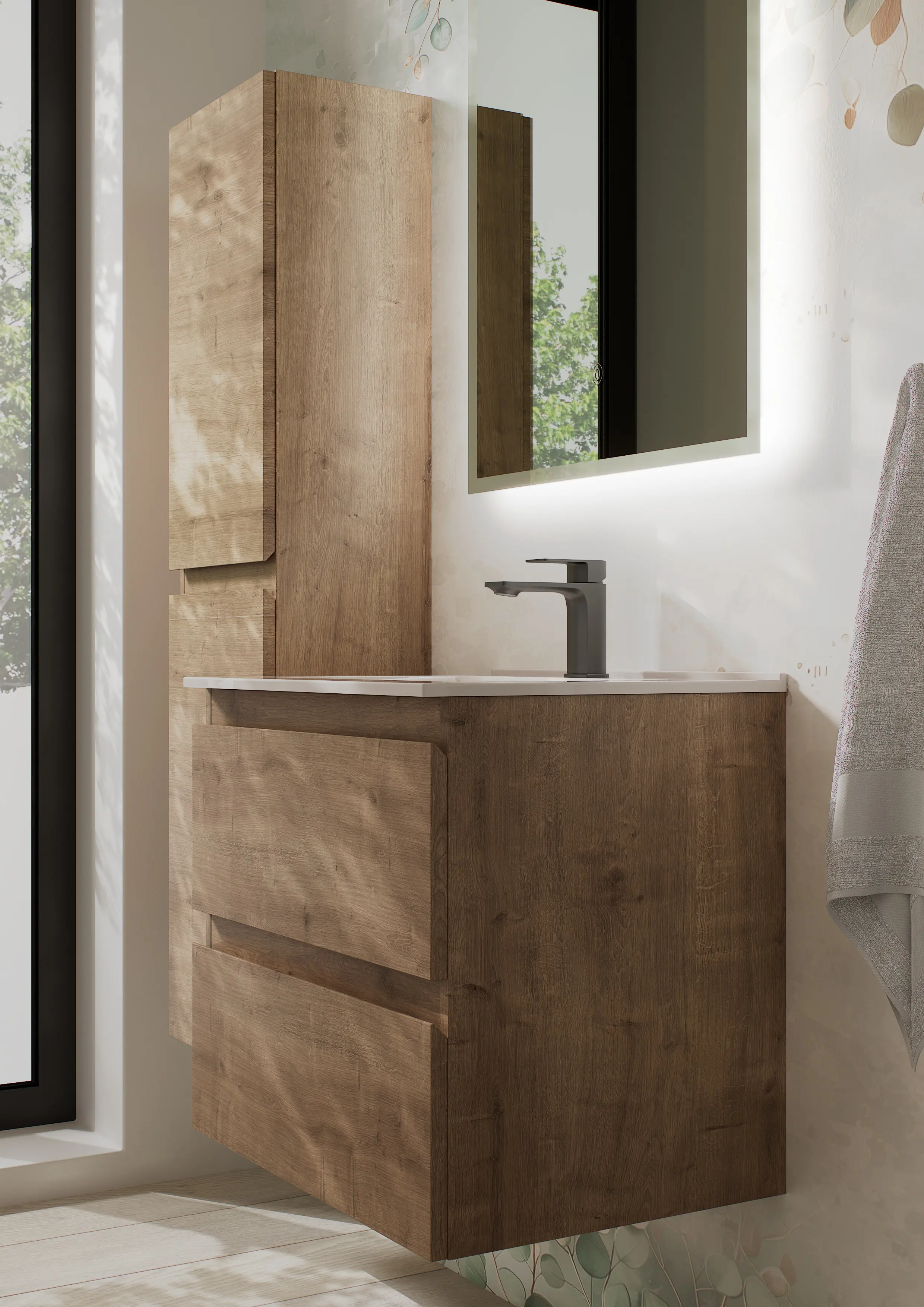 INCLINE WALL HUNG 2 DRAW 100cm OAK AND Ceramic WHITE BASIN.