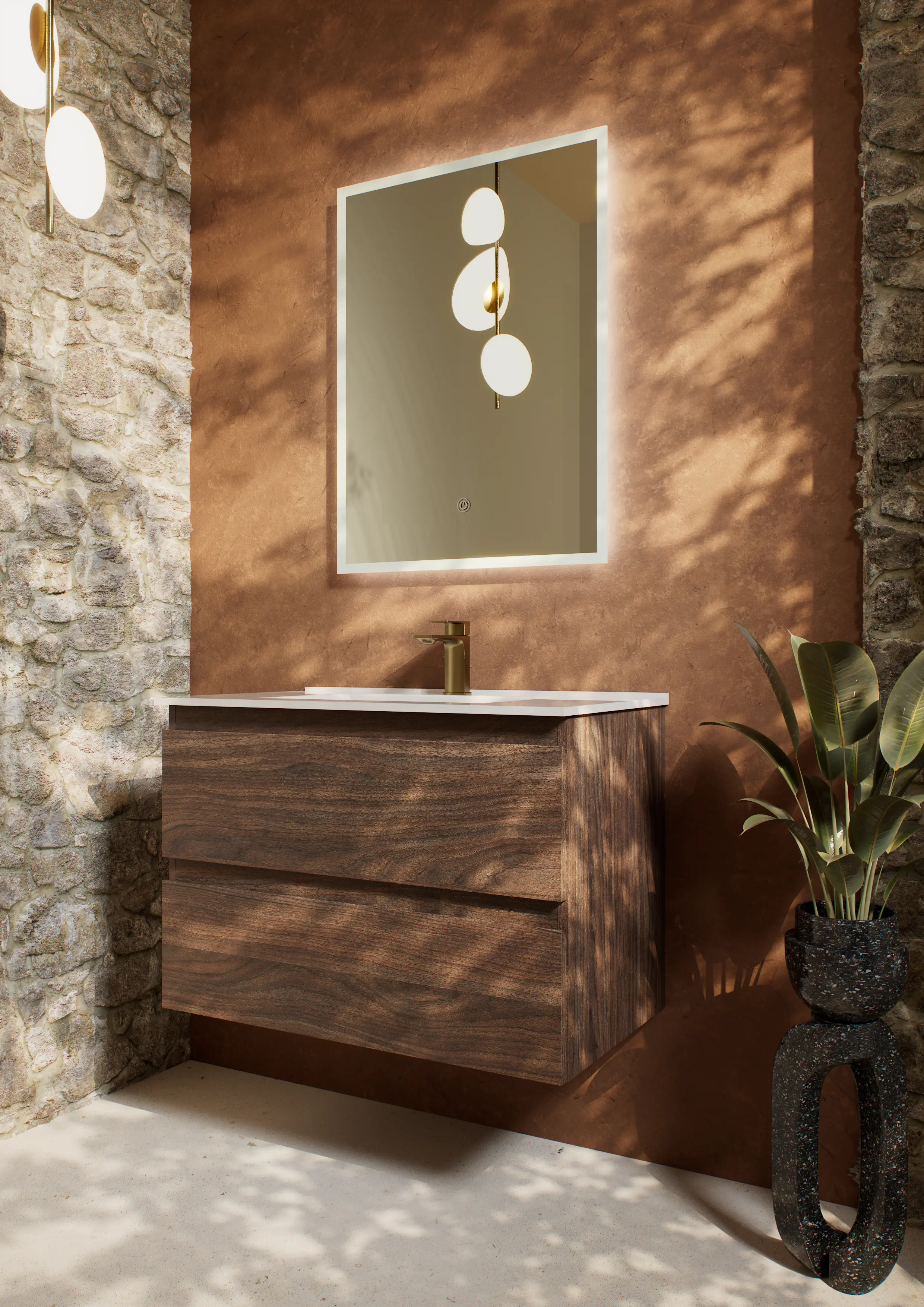 INCLINE WALL HUNG 2 DRAW 100cm WALNUT AND Ceramic WHITE BASIN.