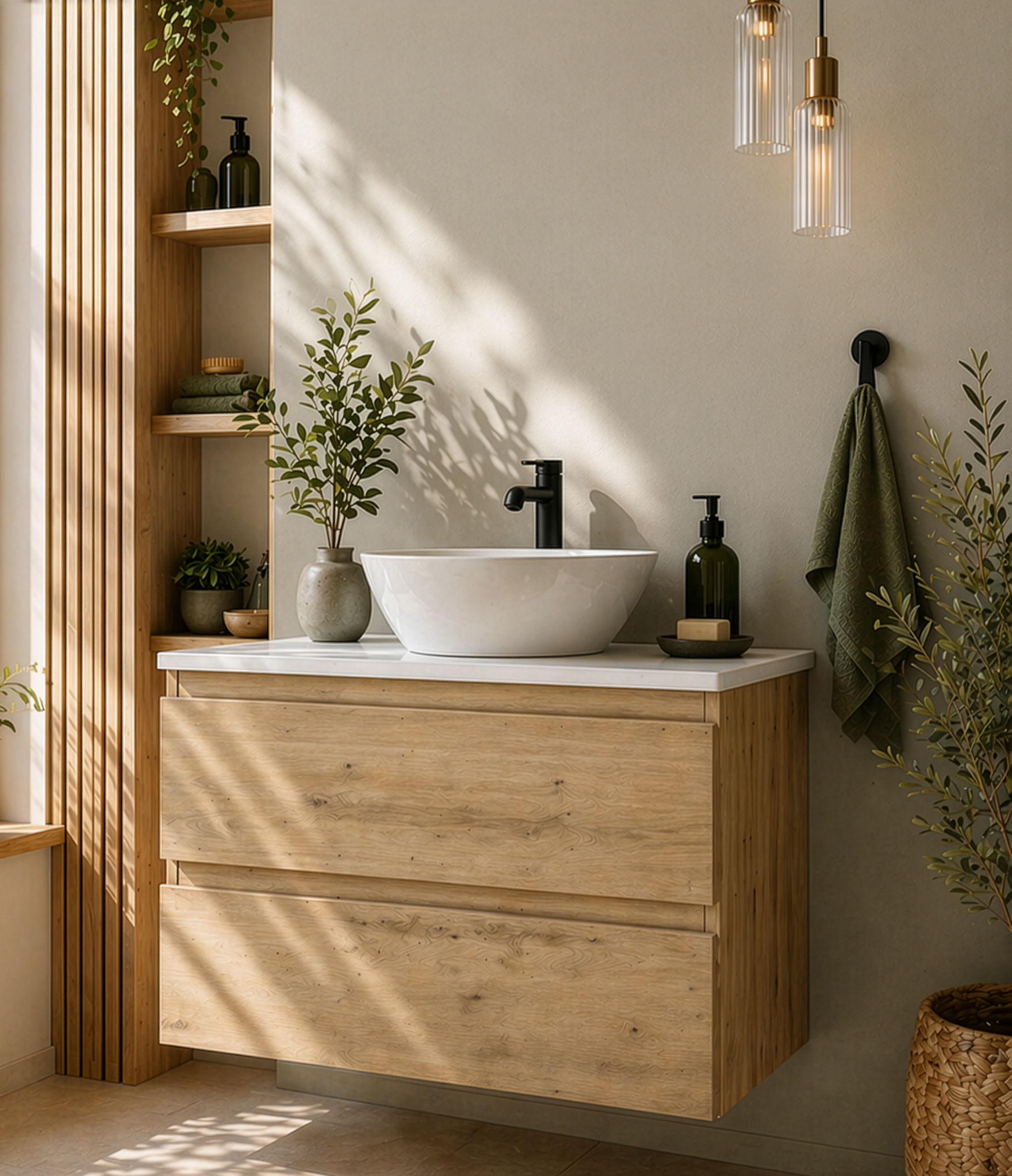 INCLINE WALL HUNG 2 DRAW 100CM OAK , SPLENDOR COUNTERTOP BASIN , MINERAL MARBLE 100CM COUNTERTOP