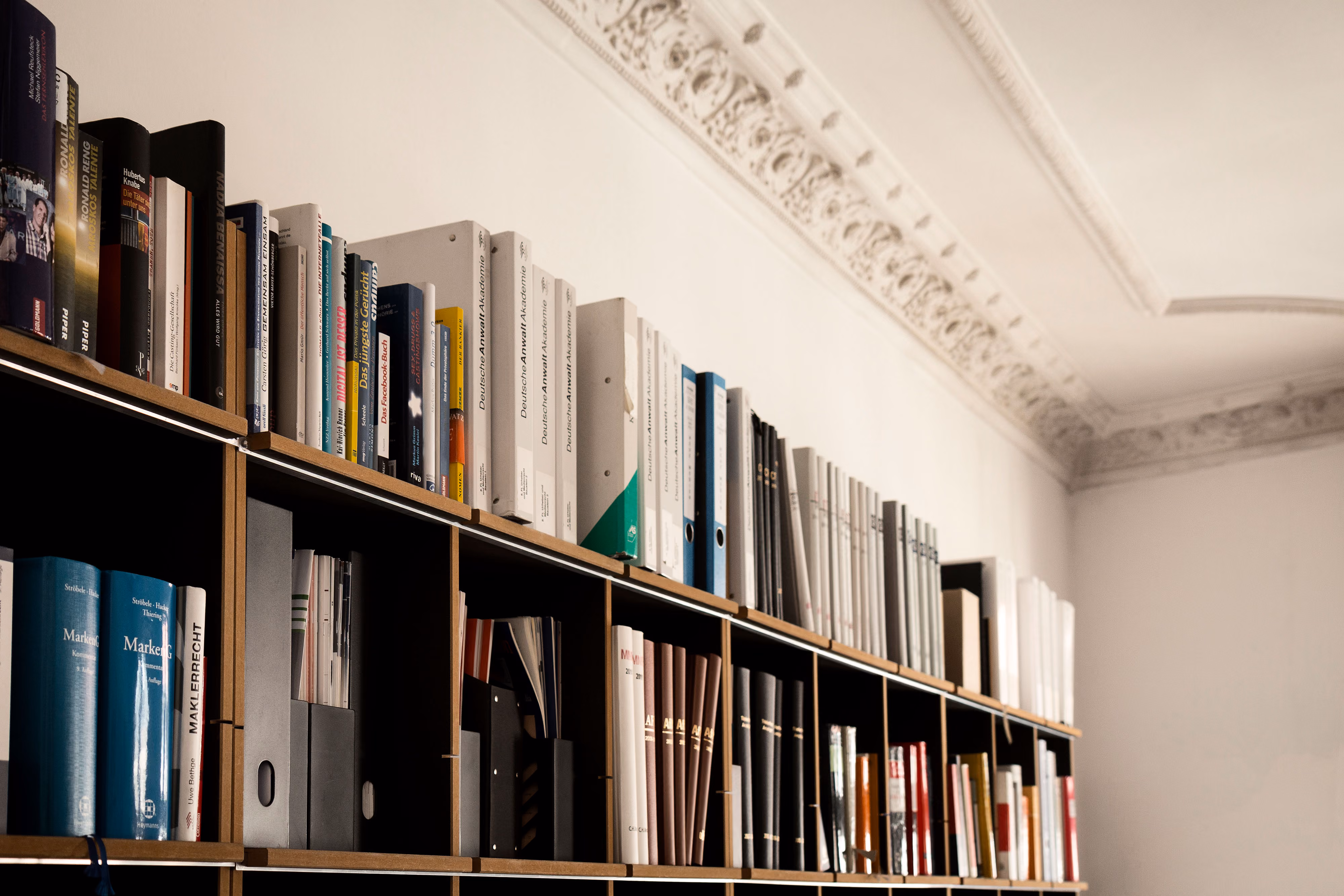 Regal mit zahlreichen Aktenordnern, Büchern und Mappe in einem Raum mit dekorativer Stuckdecke.