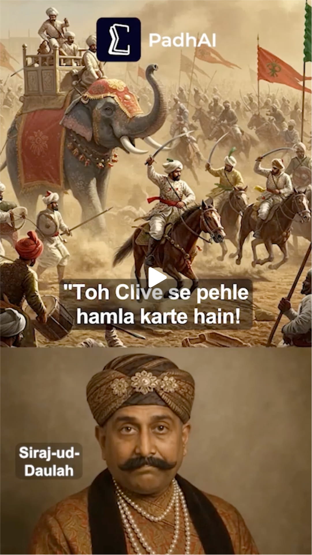 Top: Historical battle scene with soldiers on horseback and an elephant with riders, text reads 'Toh Clive se pehle hamla karte hain!'. Bottom: Portrait of Siraj-ud-Daulah wearing traditional royal attire and a decorated turban.