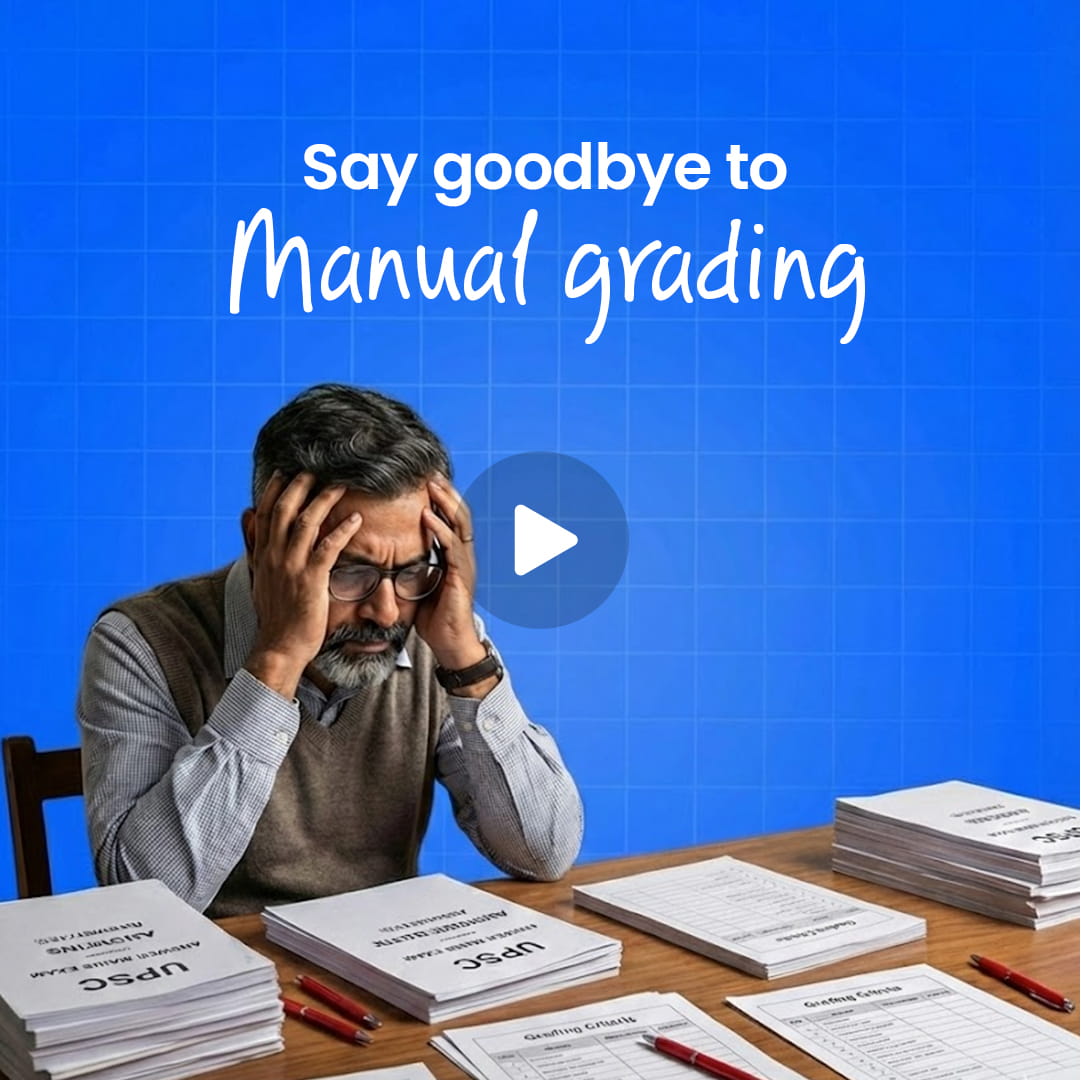 Stressed man with glasses sitting at table cluttered with multiple stacks of papers and red pens, with text saying 'Say goodbye to manual grading' on blue background.
