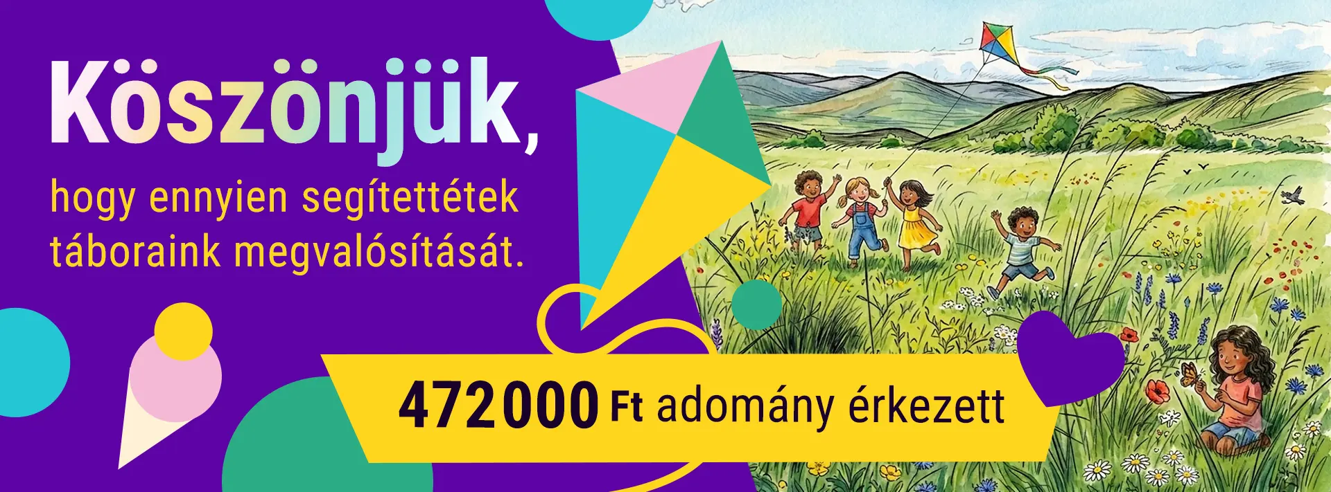 Színes grafika "Színezzük ki együtt a nyarat" szöveggel, amely arról szól, hogy még 800 000 Ft támogatásra van szüksége a Csodaműhely Egyesületnek, hogy megvalósíthassák mind a négy nyári tábort a gyerekeknek, amiket szeretnének.