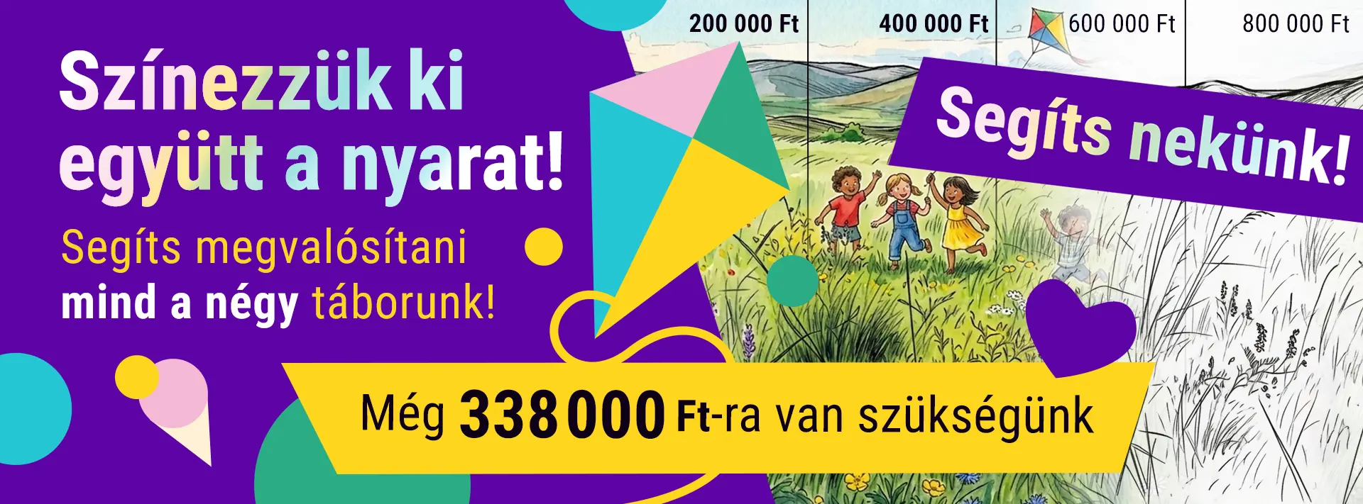 Színes grafika "Színezzük ki együtt a nyarat" szöveggel, amely arról szól, hogy még 800 000 Ft támogatásra van szüksége a Csodaműhely Egyesületnek, hogy megvalósíthassák mind a négy nyári tábort a gyerekeknek, amiket szeretnének.