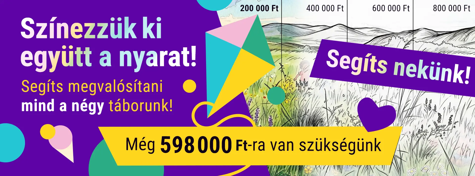 Színes grafika "Színezzük ki együtt a nyarat" szöveggel, amely arról szól, hogy még 800 000 Ft támogatásra van szüksége a Csodaműhely Egyesületnek, hogy megvalósíthassák mind a négy nyári tábort a gyerekeknek, amiket szeretnének.
