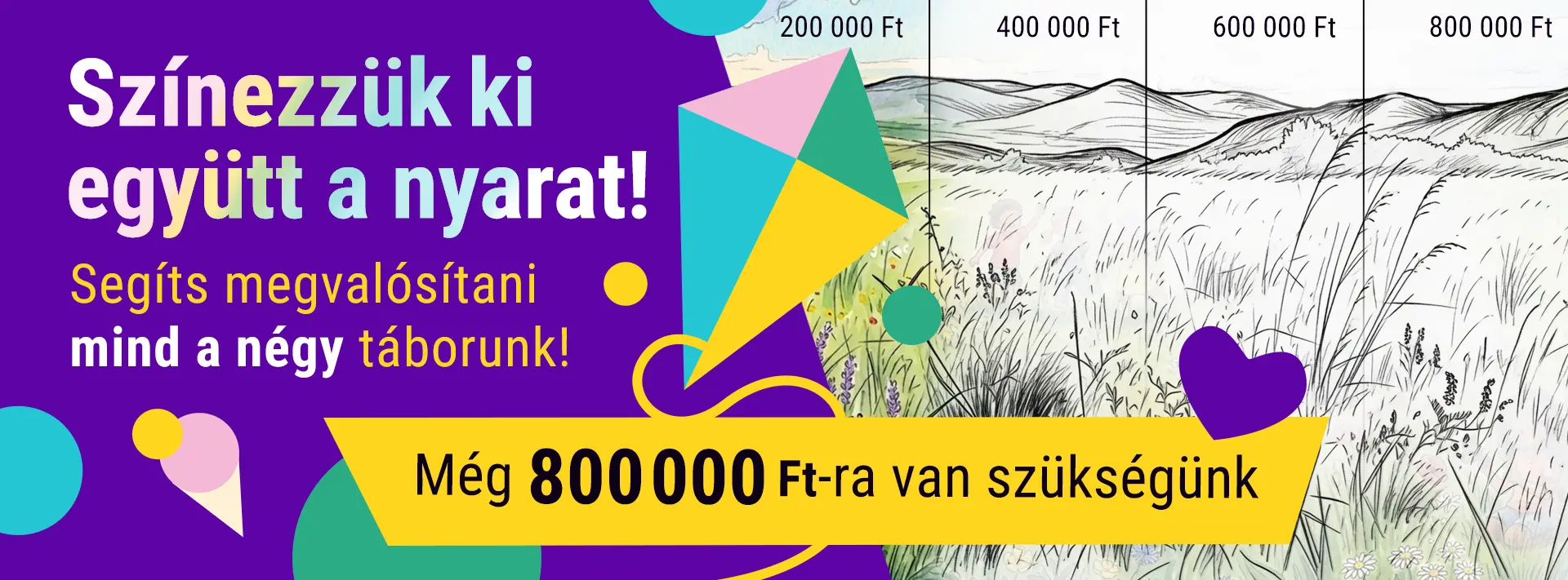 Színes grafika "Színezzük ki együtt a nyarat" szöveggel, amely arról szól, hogy még 800 000 Ft támogatásra van szüksége a Csodaműhely Egyesületnek, hogy megvalósíthassák mind a négy nyári tábort a gyerekeknek, amiket szeretnének.