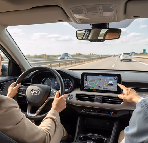 A view through the windshield on a highway, with the driver's hands on the wheel and a passenger pointing at the navigation screen.