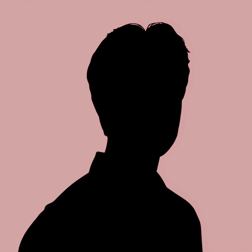 Silhouette of a person with short hair against a muted pink background.