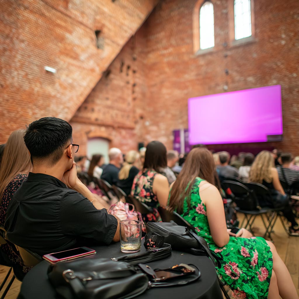 Audience seated facing a large blank pink screen in a brick-walled room with tall windows.