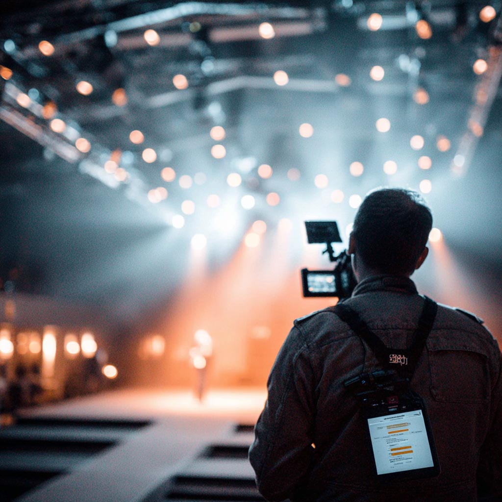 Videographer with camera filming a person on stage under bright lights and bokeh background in a dimly lit venue.