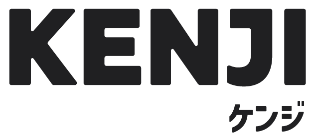 Bold black text spelling KENJI with smaller Japanese katakana characters ケンジ below.
