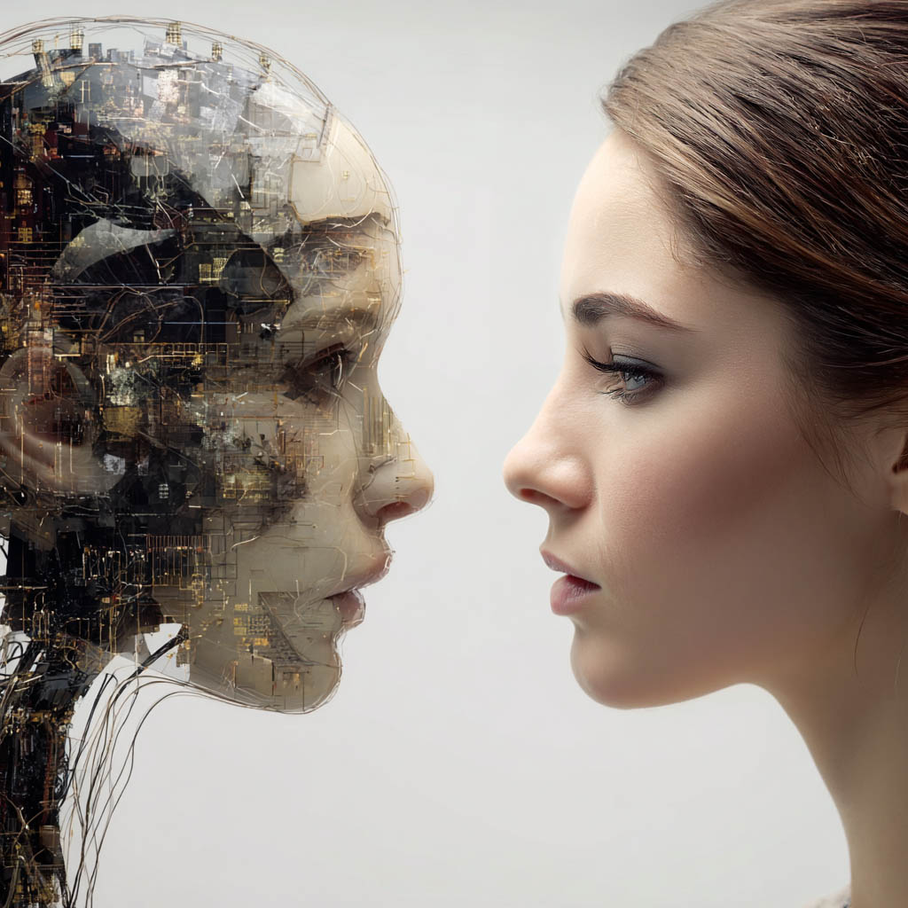 Side profile of a young woman facing a humanoid robot with a transparent head revealing circuit-like components.