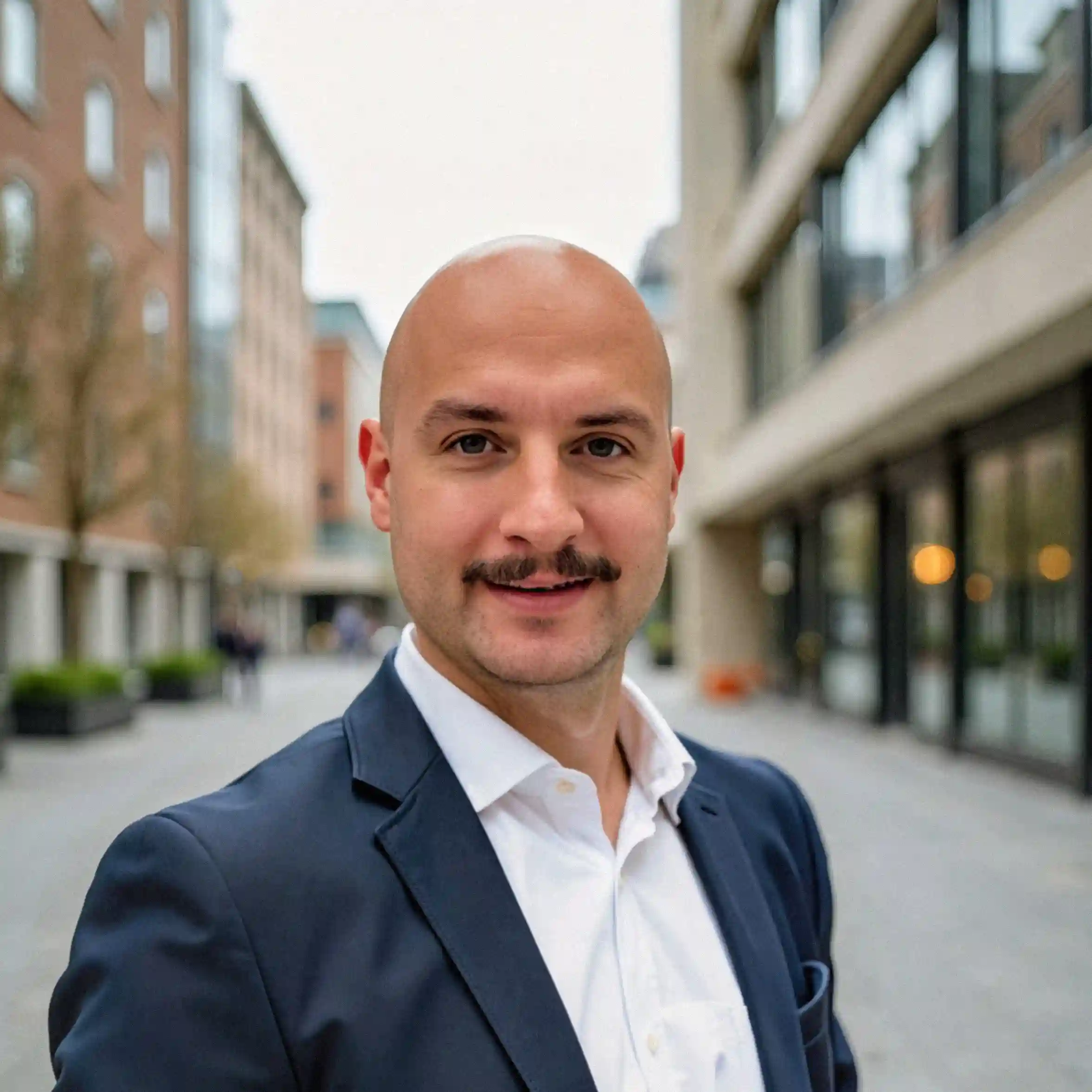 Lächelnder Mann mit Glatze und Schnurrbart trägt weißen Hemd und dunkelblauen Anzugjackett in einer städtischen Straße.