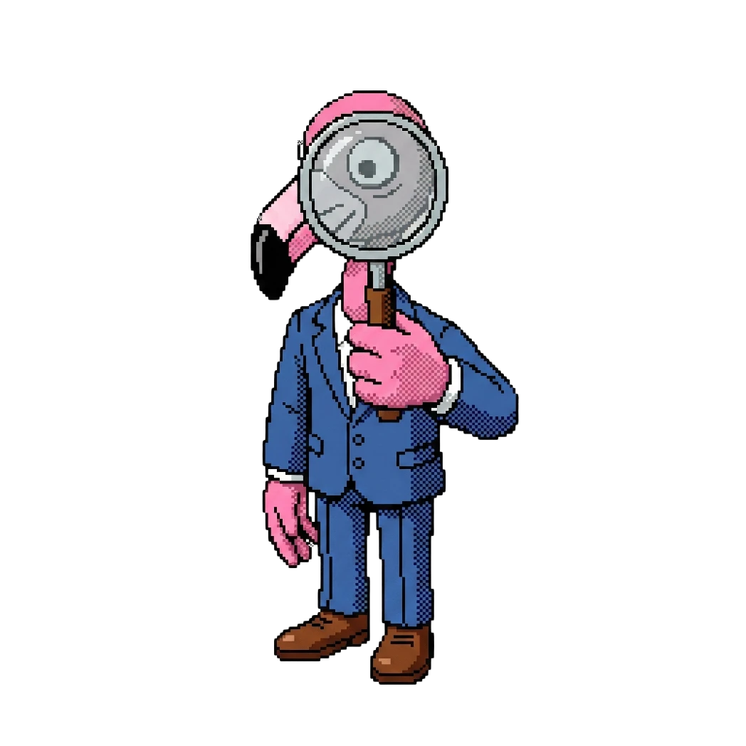 Pixel-Art eines Flamingos in einem blauen Anzug, der eine Lupe vor sein Gesicht hält.
