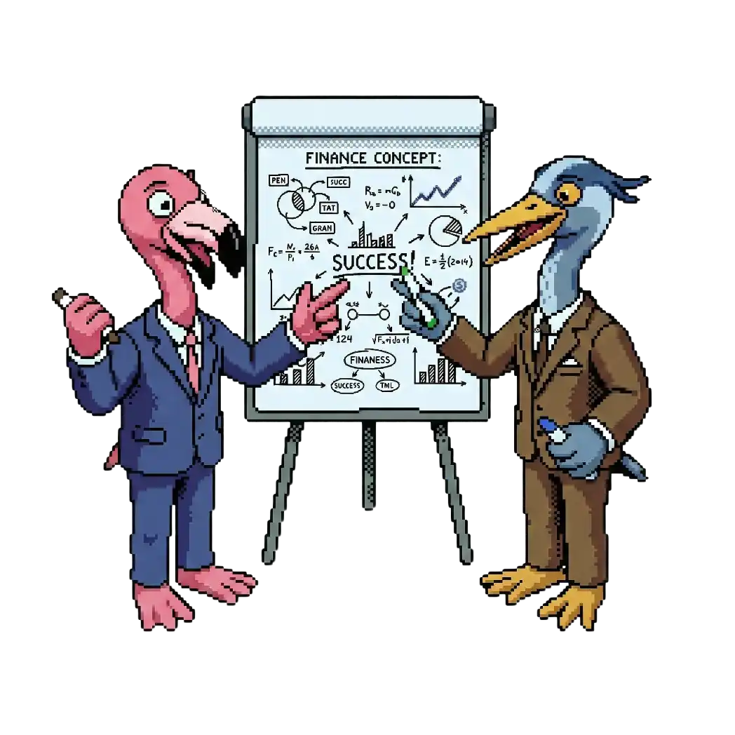 Pixel-Art von einem Flamingo und einem anderen Vogel in Anzügen, die vor einem Flipchart mit Finanzdiagrammen und dem Wort Erfolg stehen.