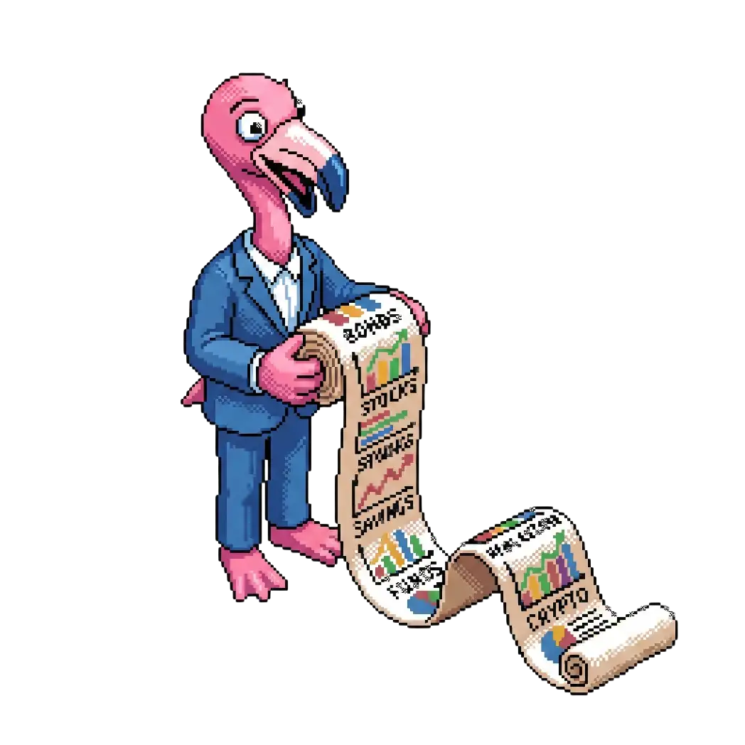 Pixel-Art eines Flamingos mit blauem Anzug, der eine lange Rolle mit Finanzdiagrammen und Grafiken hält.
