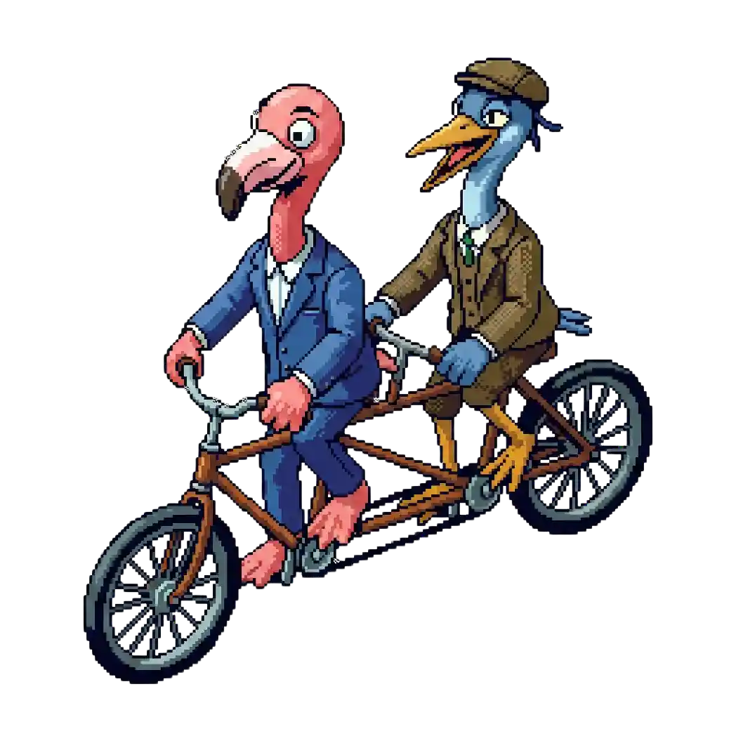Pixel-Art-Zeichnung von einem Flamingo und einem blauen Vogel in Anzügen auf einem Tandemfahrrad.