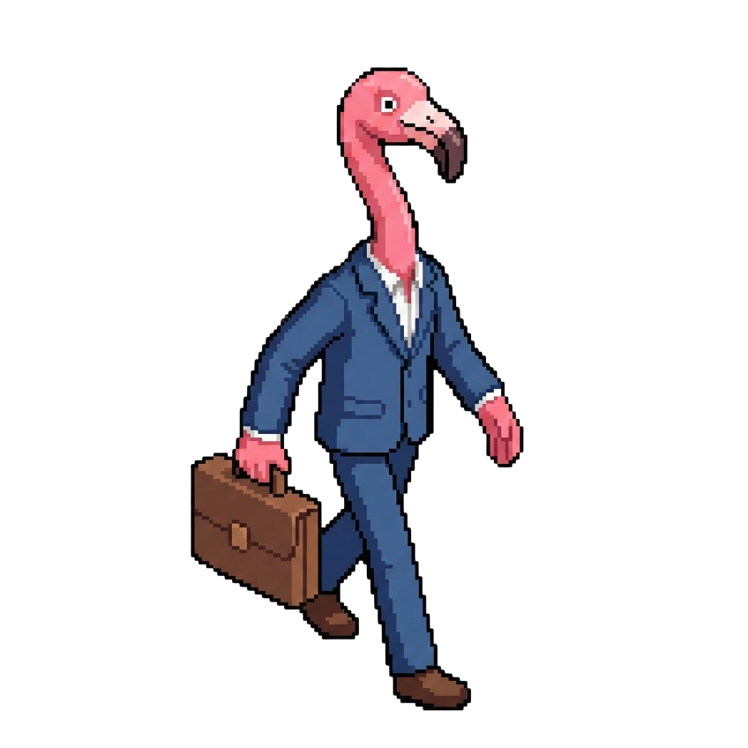 Pixel-Art-Flamingo in blauem Anzug, der eine Aktentasche trägt und geht.