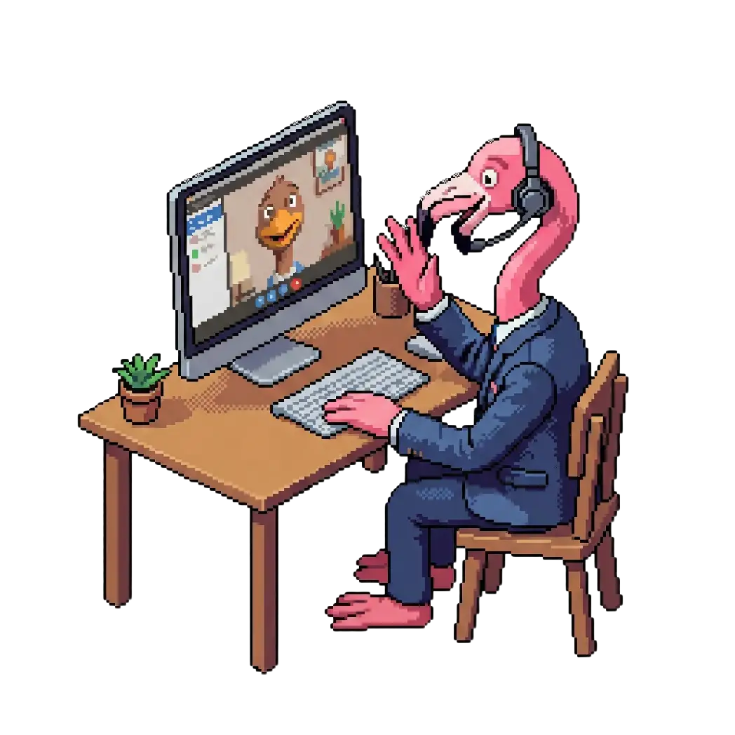 Pixel-Art zeigt einen Flamingo in einem Anzug mit Headset, der an einem Schreibtisch sitzt und per Videokonferenz mit einer Ente auf dem Bildschirm spricht.