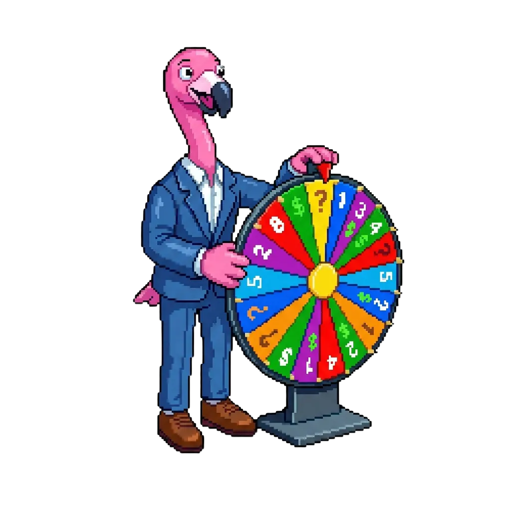Pixel-Art Flamingo im blauen Anzug dreht ein buntes Glücksrad mit Zahlen und Symbolen.