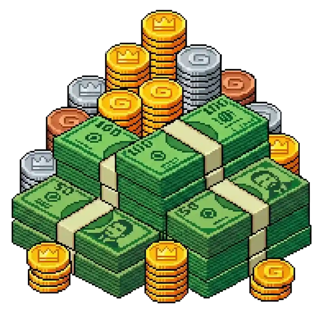 Pixel-Art-Bündel von grünen Geldscheinen und Stapel goldener, silberner und kupferner Münzen.
