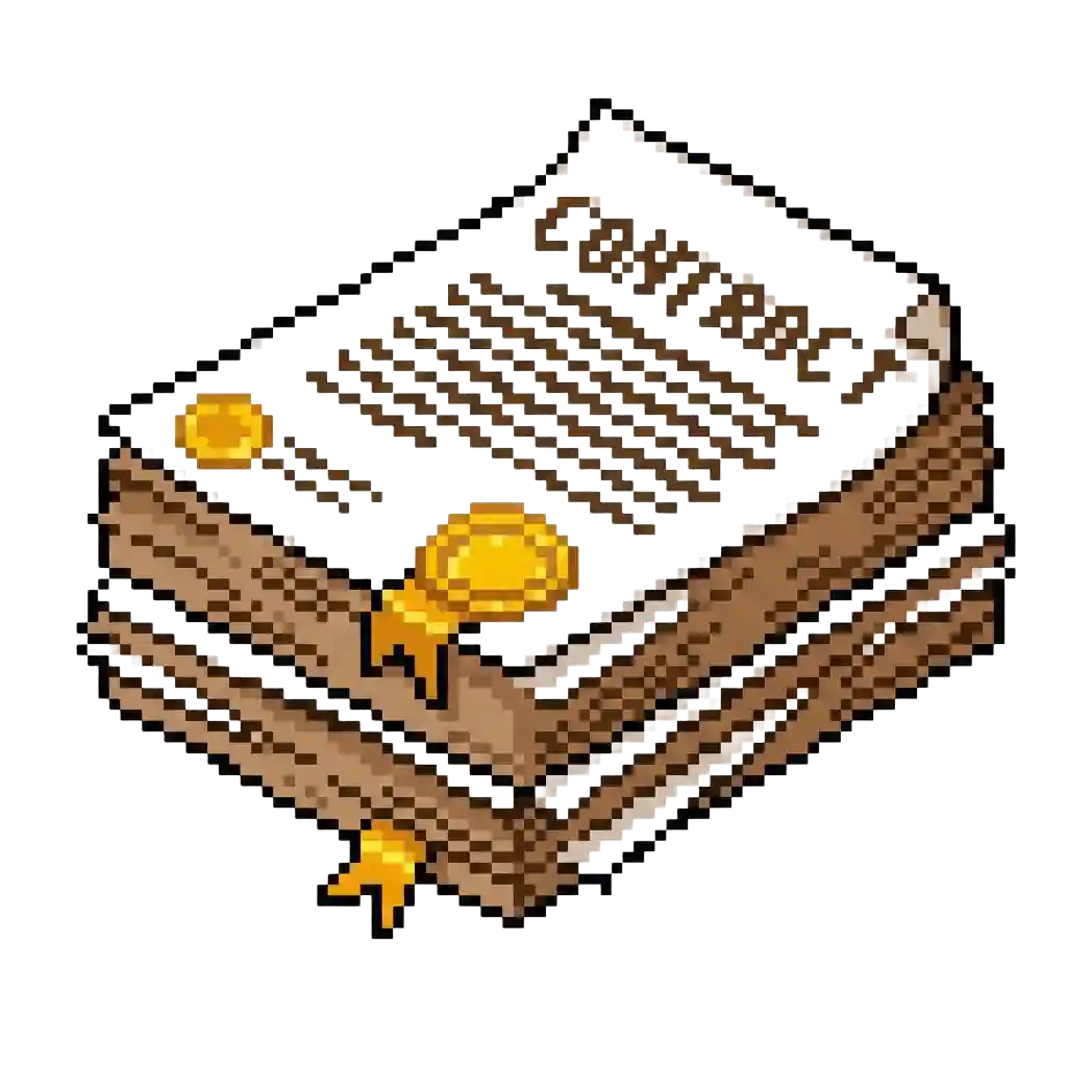 Pixel-Art-Stapel von Urkunden mit goldenen Siegeln und gelben Bändern auf schwarzem Hintergrund.