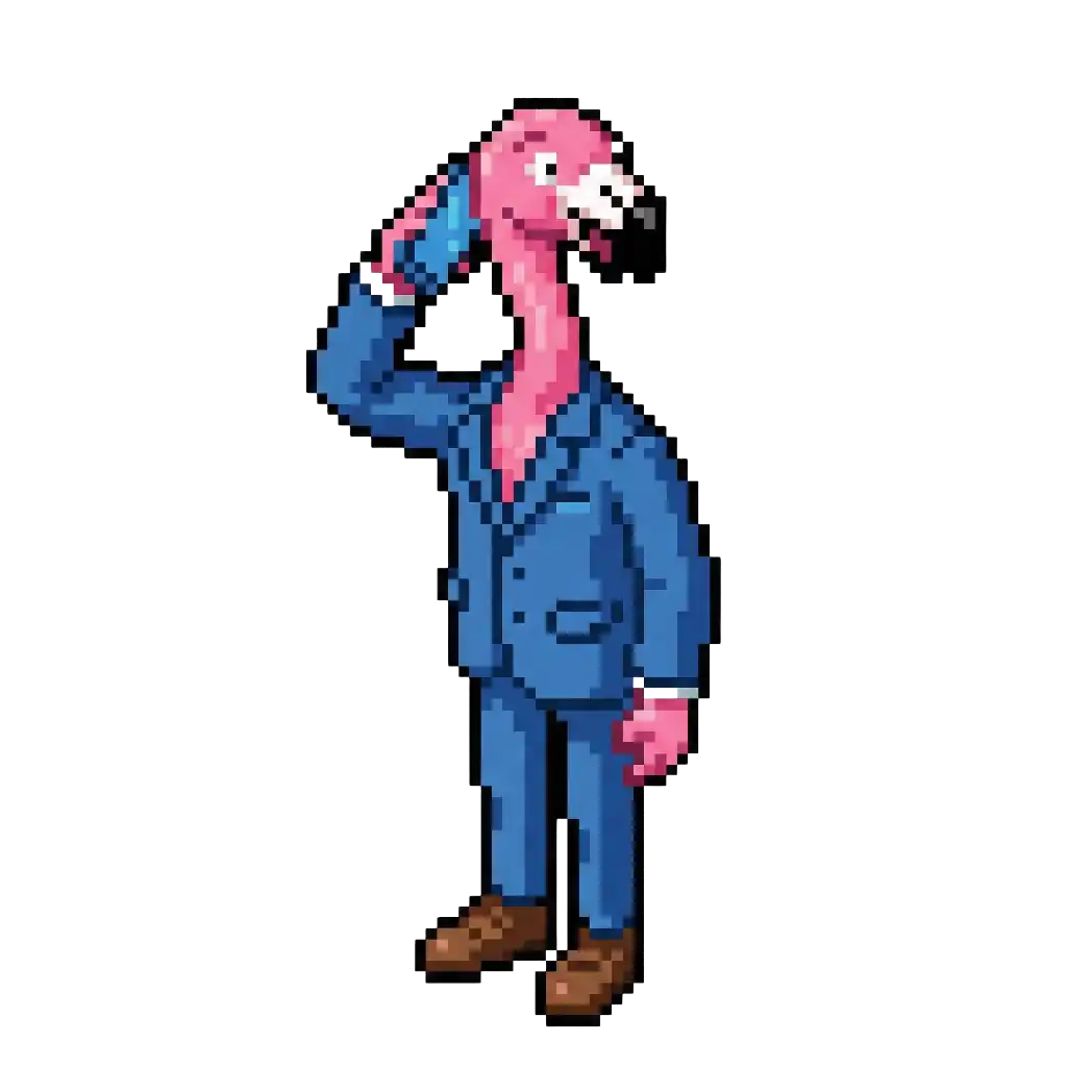 Eine Flamingo-Figur trägt einen blauen Anzug und braune Schuhe und hält ein Smartphone ans Ohr.