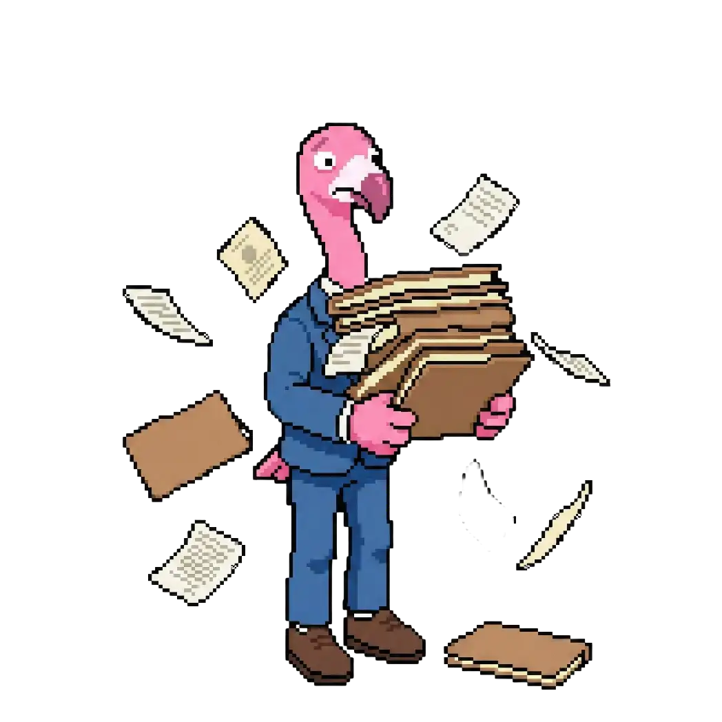 Pixel-Art Flamingo in Anzug, der einen großen Stapel Aktenordner hält, während lose Blätter um ihn herumfliegen.