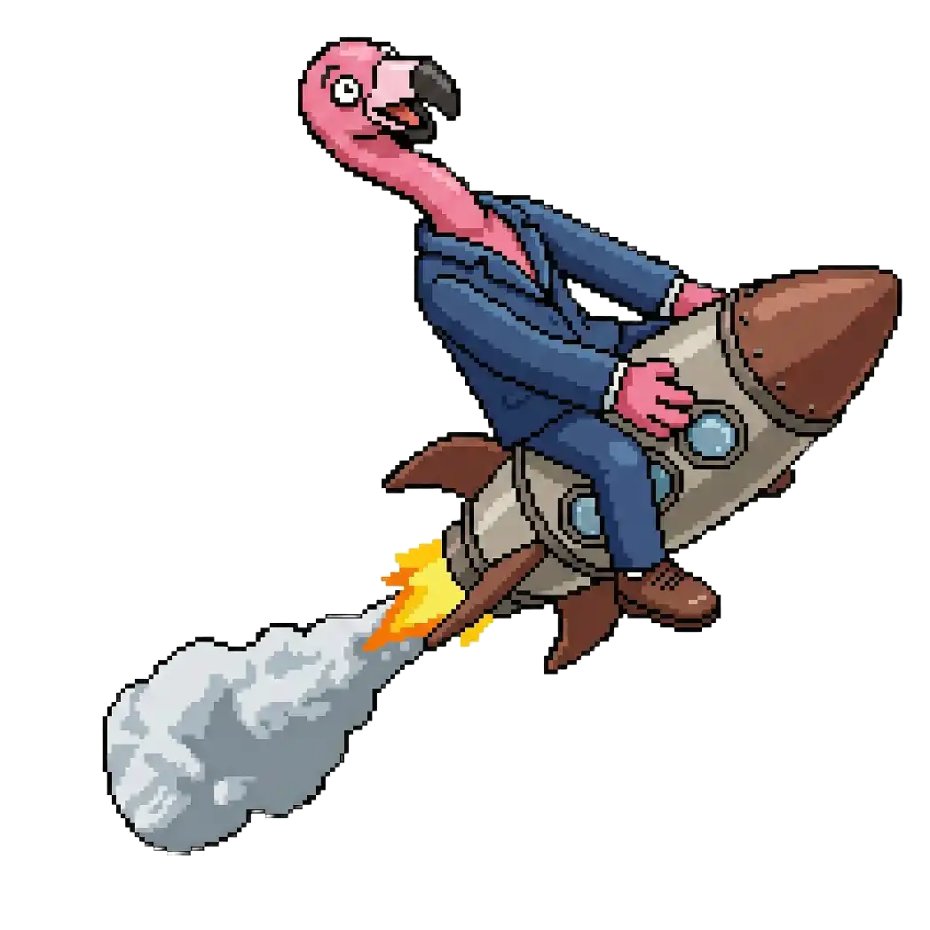 Pixel-Art eines Flamingos in einem blauen Anzug, der auf einer startenden Rakete reitet.