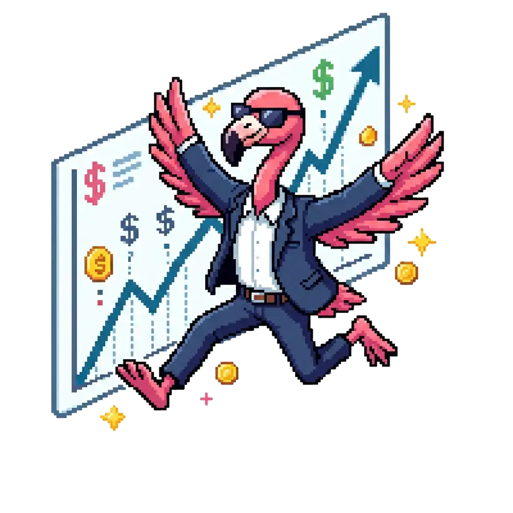 Pixel-Art Flamingo mit Anzug und Sonnenbrille springt vor einem aufsteigenden Finanzdiagramm mit Dollarzeichen und Münzen.