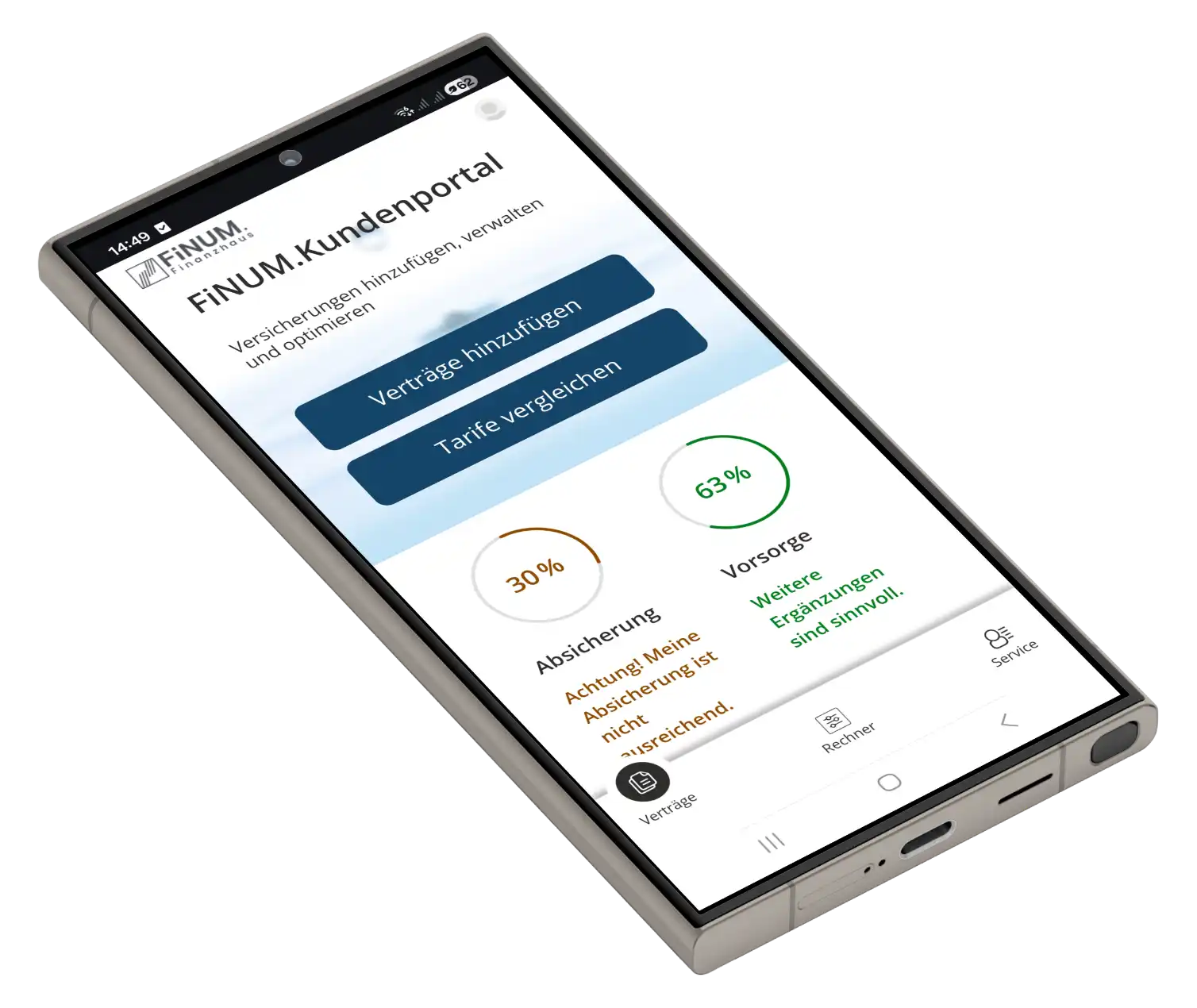 Smartphone zeigt FiNUM Kundenportal mit Optionen zum Hinzufügen von Verträgen und Vergleichen von Tarifen sowie Absicherungs- und Vorsorgeübersicht.