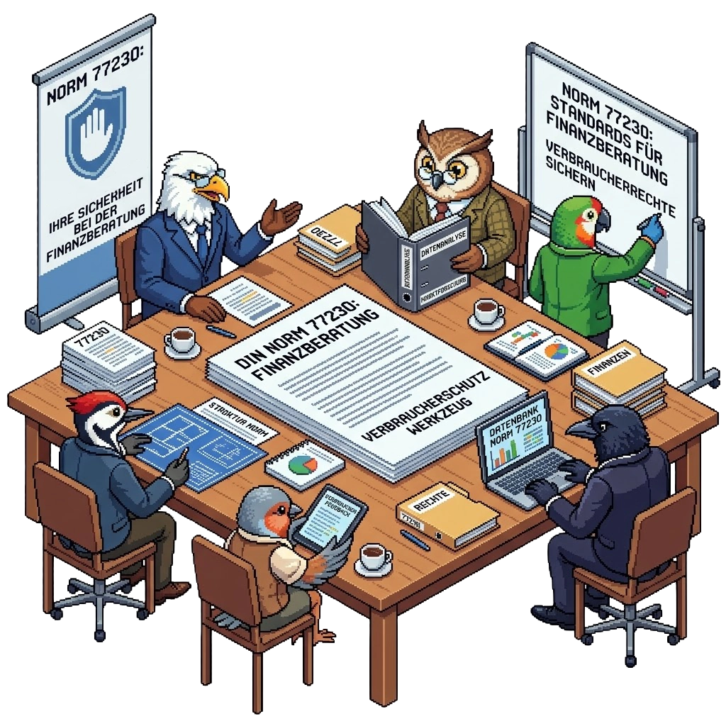 Illustration von fünf Vögeln in Anzügen, die an einem Tisch sitzen und Dokumente zur DIN Norm 77230 für Finanzberatung und Verbraucherschutz prüfen.