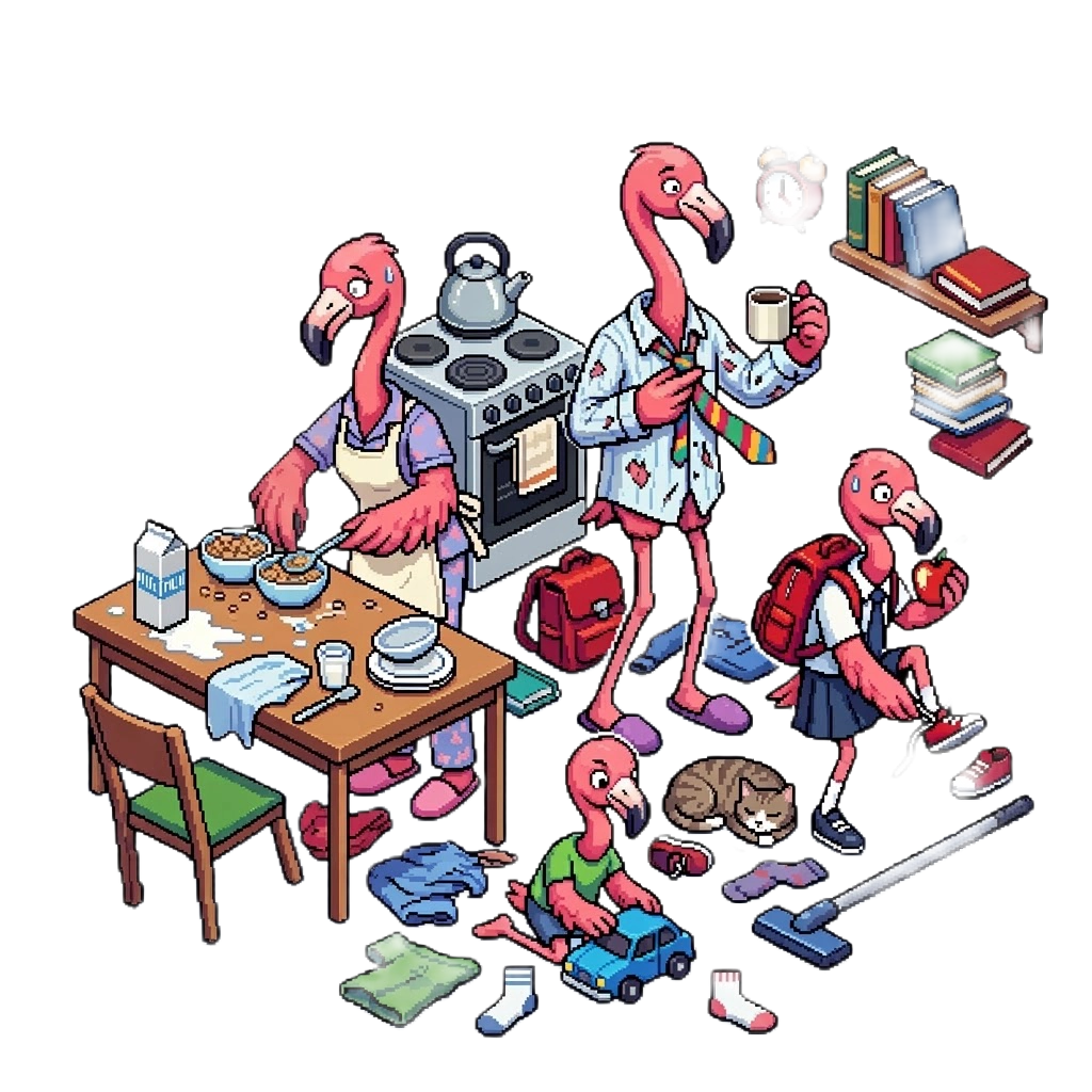 Pixel-Art einer Flamingo-Familie im Alltag: Mutter bereitet Frühstück, Vater trinkt Kaffee, Kind zieht Schuhe an, und ein weiteres Kind spielt mit Auto, Katze und Haushaltsgegenstände liegen herum.