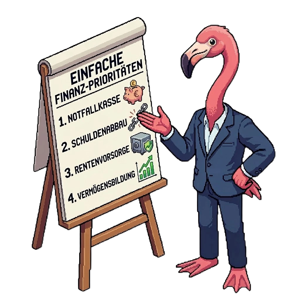 Ein Flamingo in einem Anzug erklärt vor einem Flipchart einfache Finanz-Prioritäten: Notfallkasse, Schuldenabbau, Rentenvorsorge und Vermögensbildung.