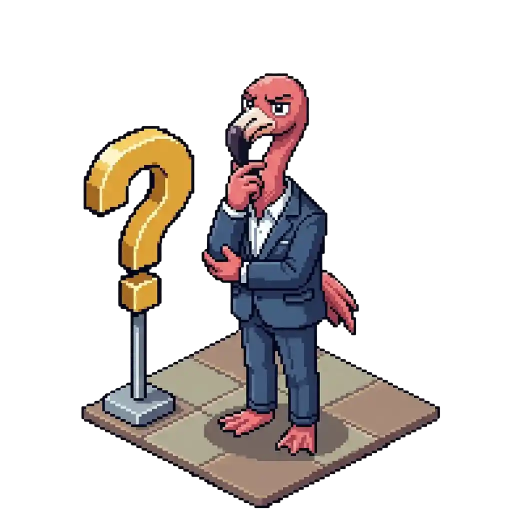 Pixel-Art-Flamingo im blauen Anzug steht nachdenklich neben einem großen goldenen Fragezeichen.