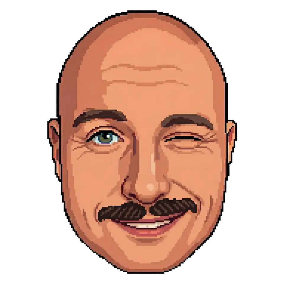 Pixel-Art von Matthias Schwarz. Er zwinkert.