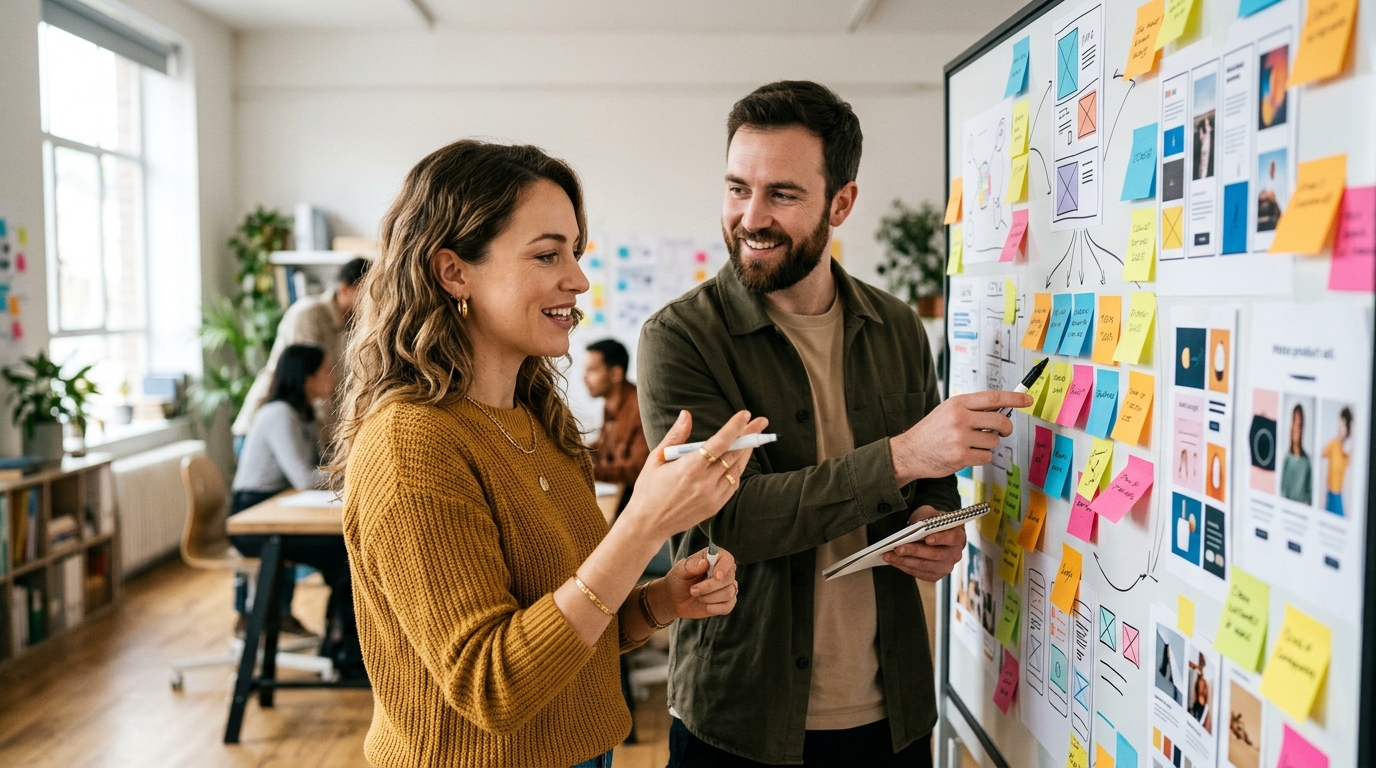 Équipe growth marketing analysant des concepts créatifs et angles publicitaires sur écran, ambiance éditoriale