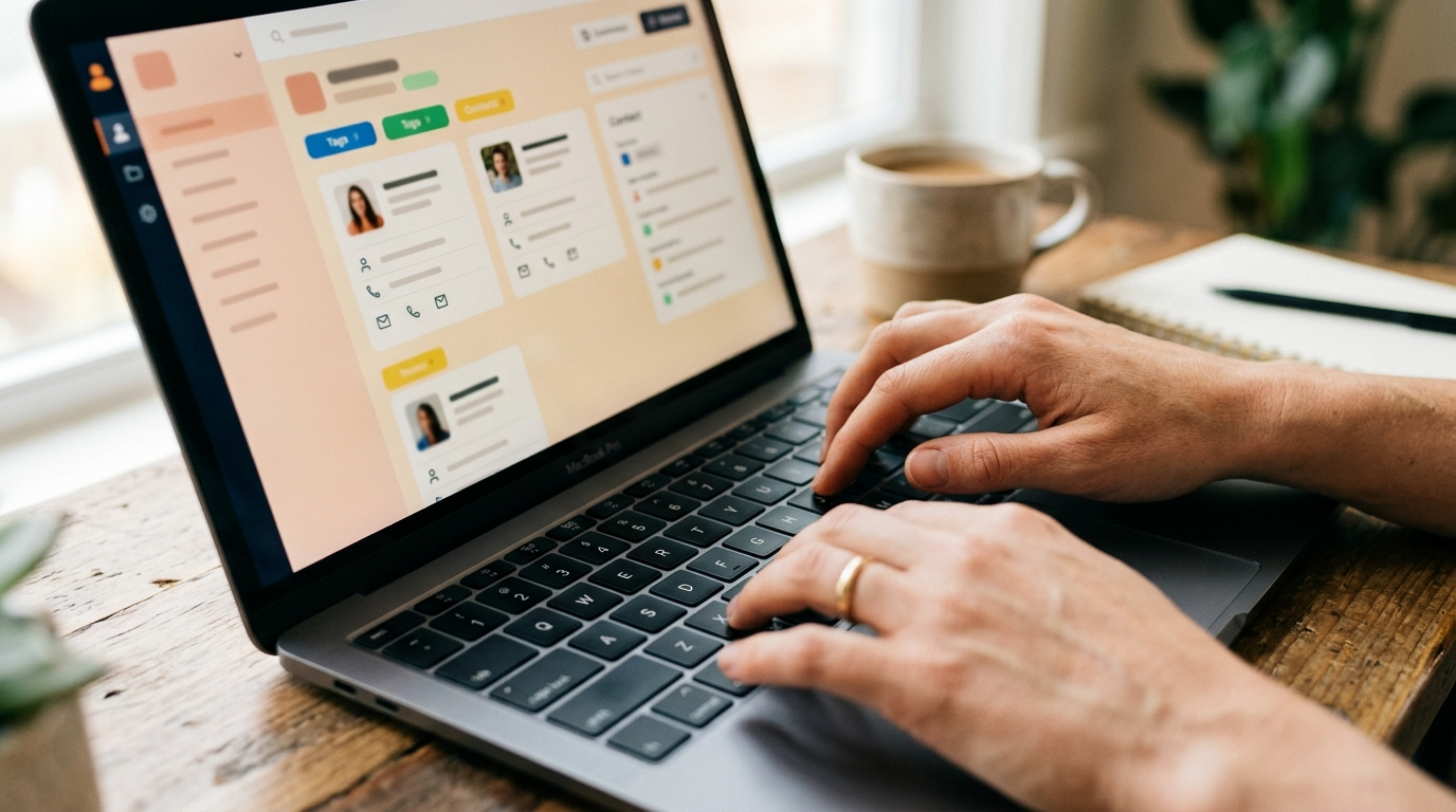 Interface CRM et emailing affichée sur un ordinateur, ambiance bureau lumineux et éditorial