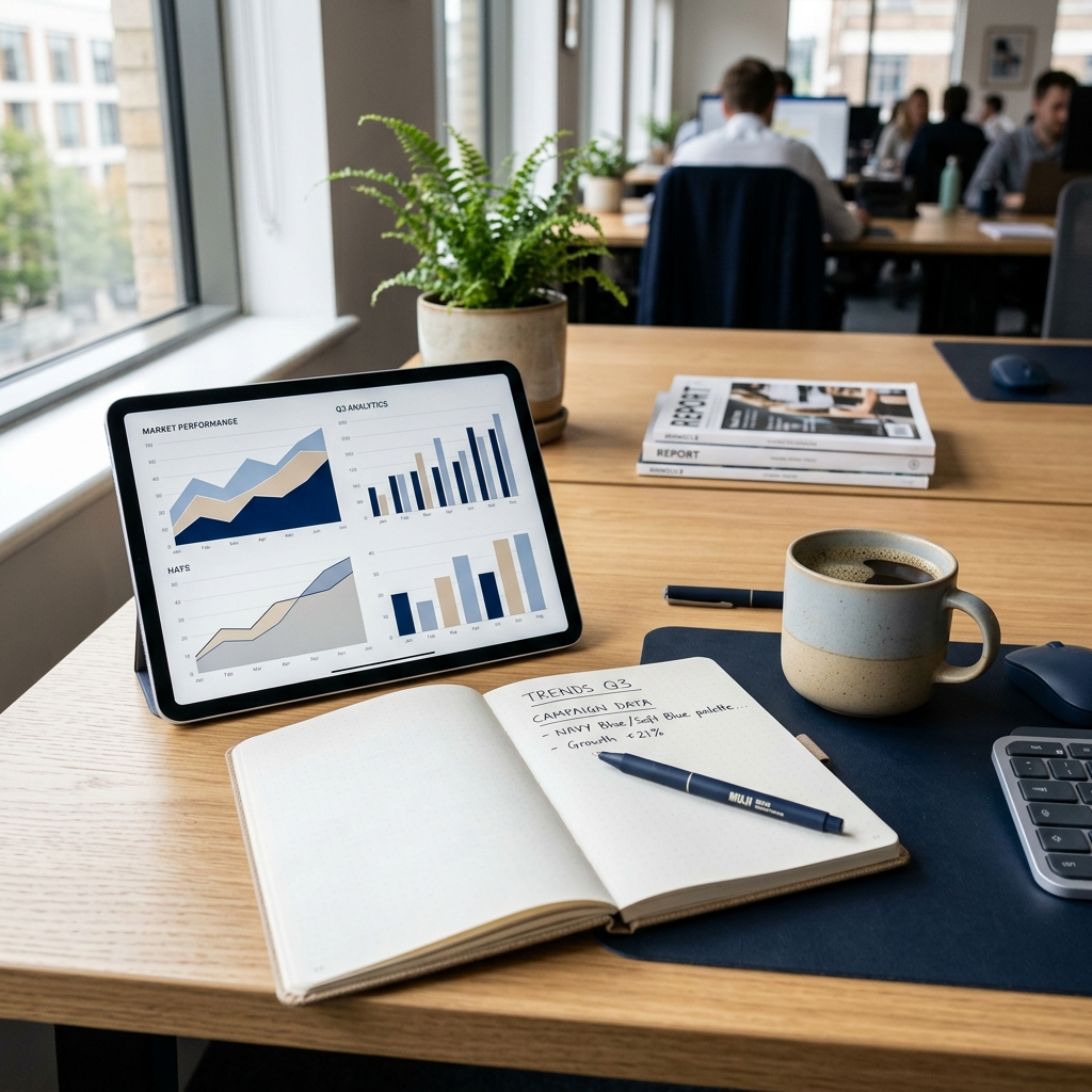 Bureau vu de dessus avec une tablette affichant des graphiques d'analyse et un carnet de notes, illustration de la démarche d'audit tracking