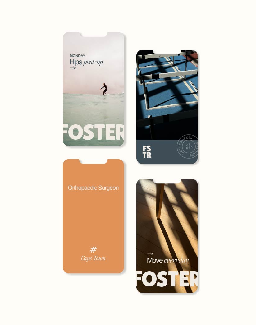 Social media graphics for an orthopaedic surgeon's brand using blue, orange and neutrals