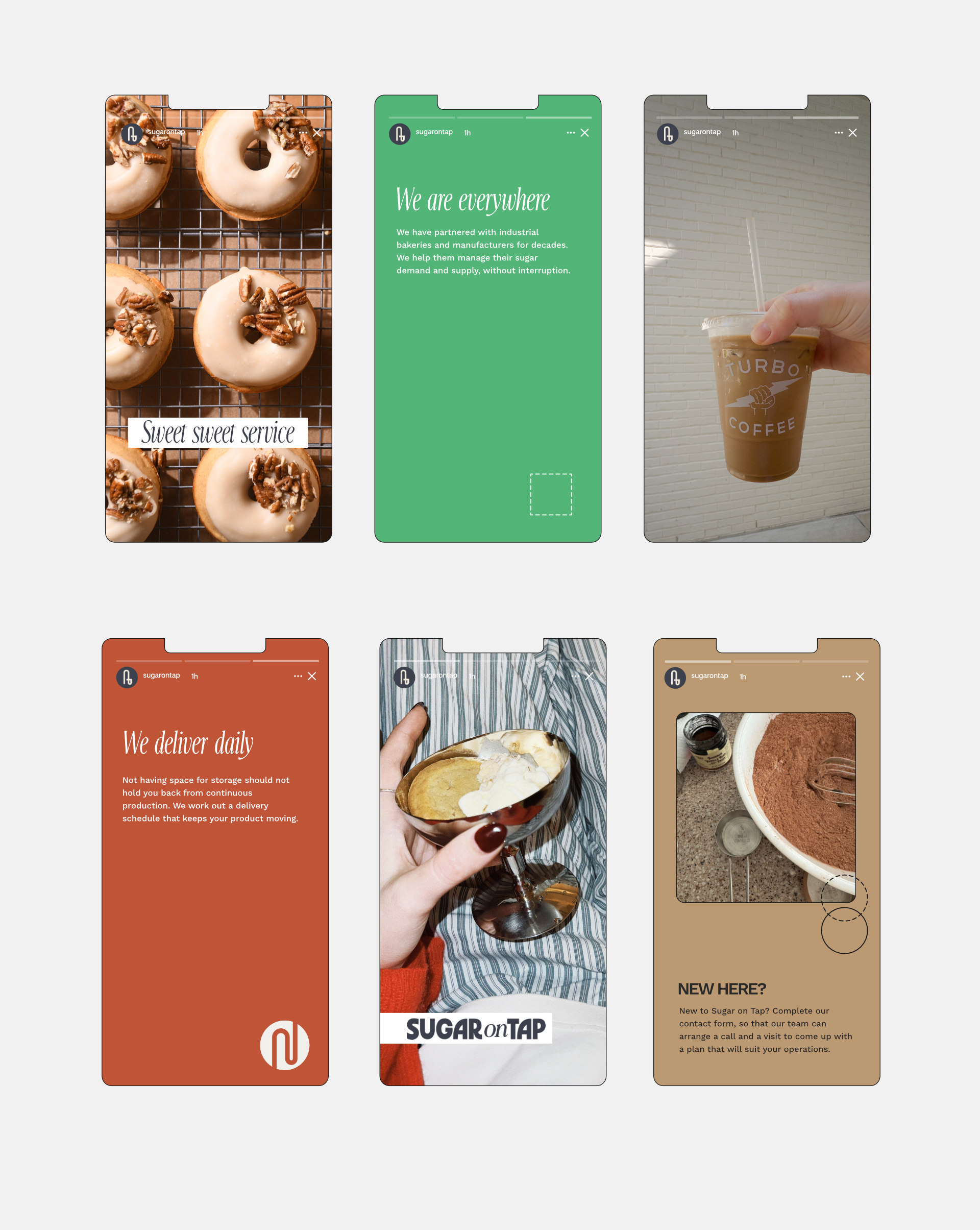 Collage of six mobile phone screens showing various food and beverage scenes including doughnuts with nuts, a cold coffee in a Turbo Coffee cup, a dessert in a silver dish, and a bowl with cocoa powder and baking ingredients, along with text about Sugar on Tap services and delivery.