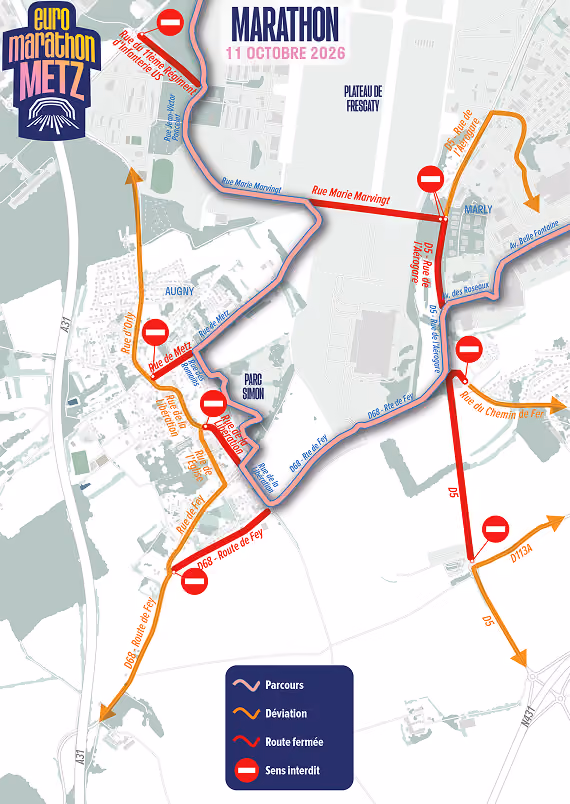 Carte de circulation Marathon Euro Marathon Metz – secteur Augny, 11 octobre 2026