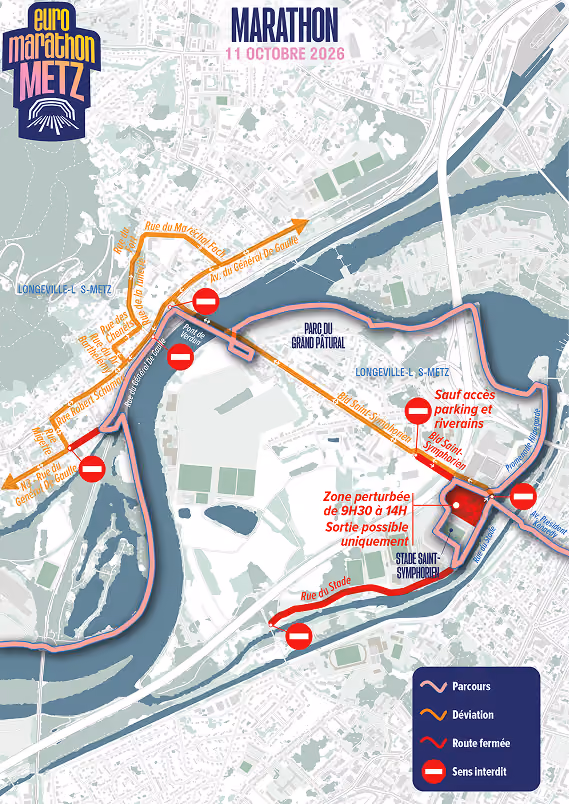 Carte de circulation Marathon Euro Marathon Metz – secteur Longeville-lès-Metz, 11 octobre 2026