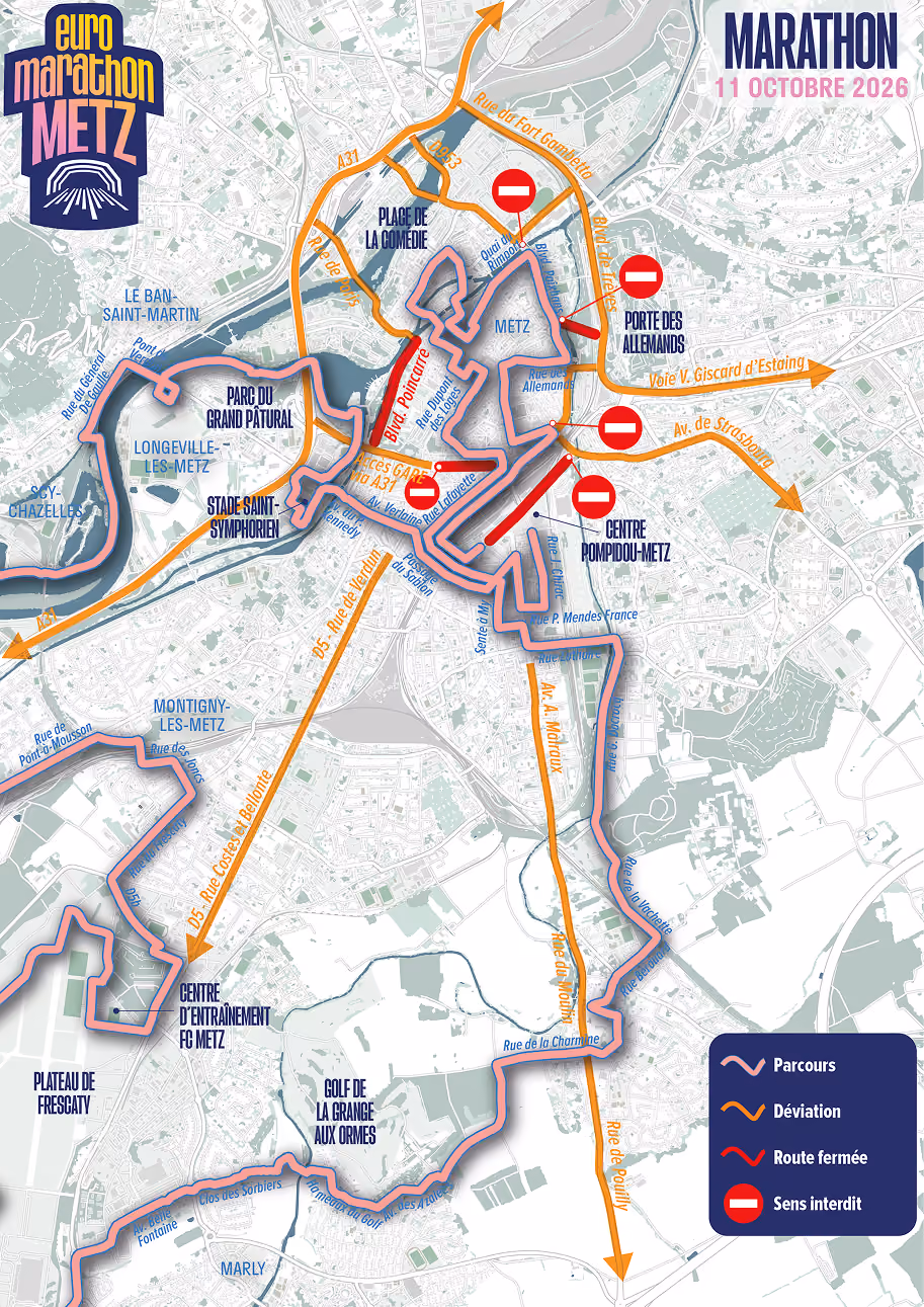 Carte de circulation Marathon Euro Marathon Metz – centre-ville de Metz, 11 octobre 2026